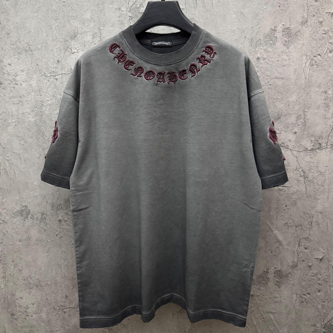 Chrome Hearts Grey Hand-Embroidered Distressed Cross  Crewneck Tee - DesignerGu