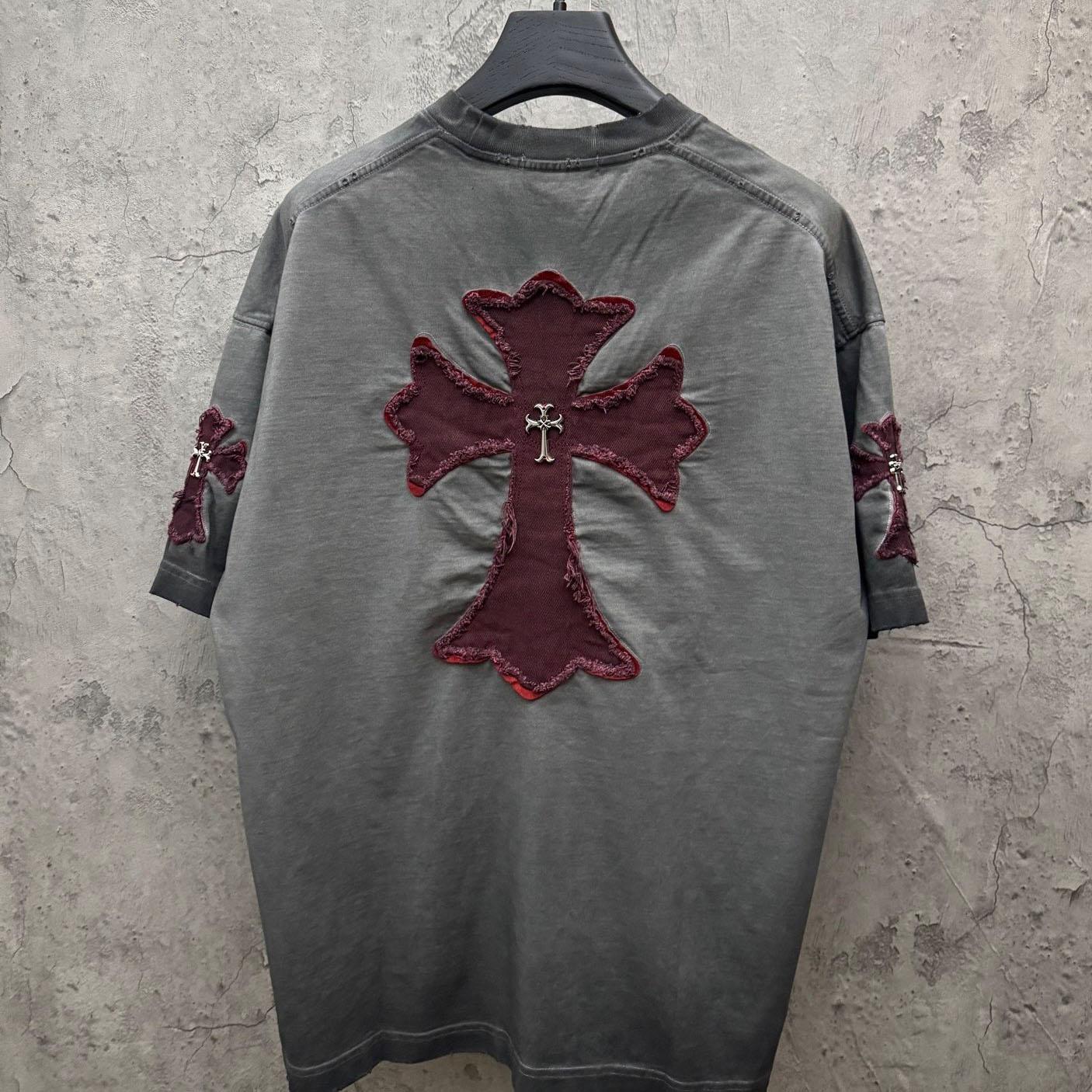 Chrome Hearts Grey Hand-Embroidered Distressed Cross  Crewneck Tee - DesignerGu