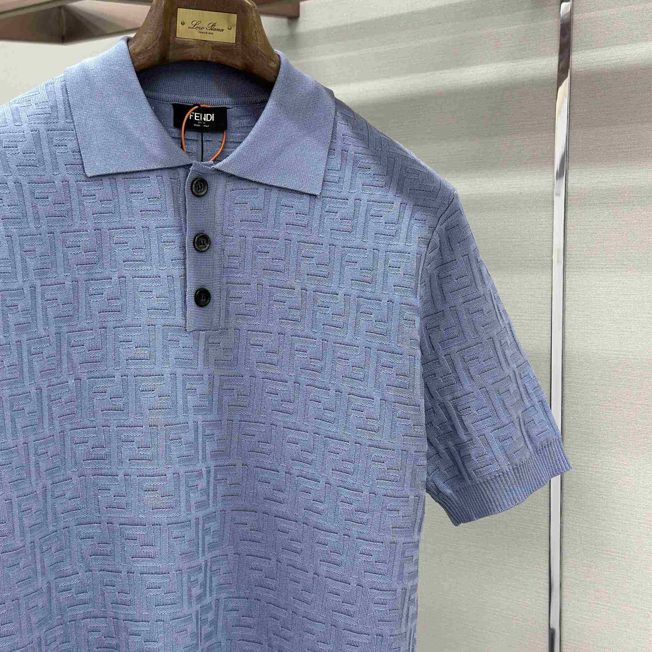 Fendi  Light Blue FF Cotton Polo Shirt - DesignerGu