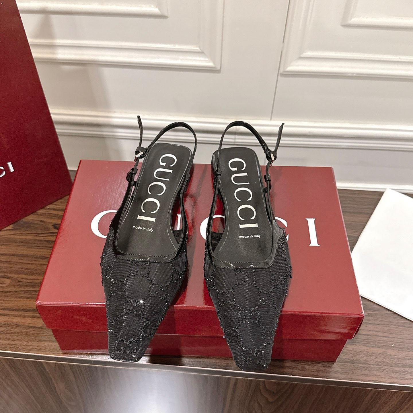 Gucci Suede Mesh Crystal GG Monogram Slingback Ballet Flats - DesignerGu