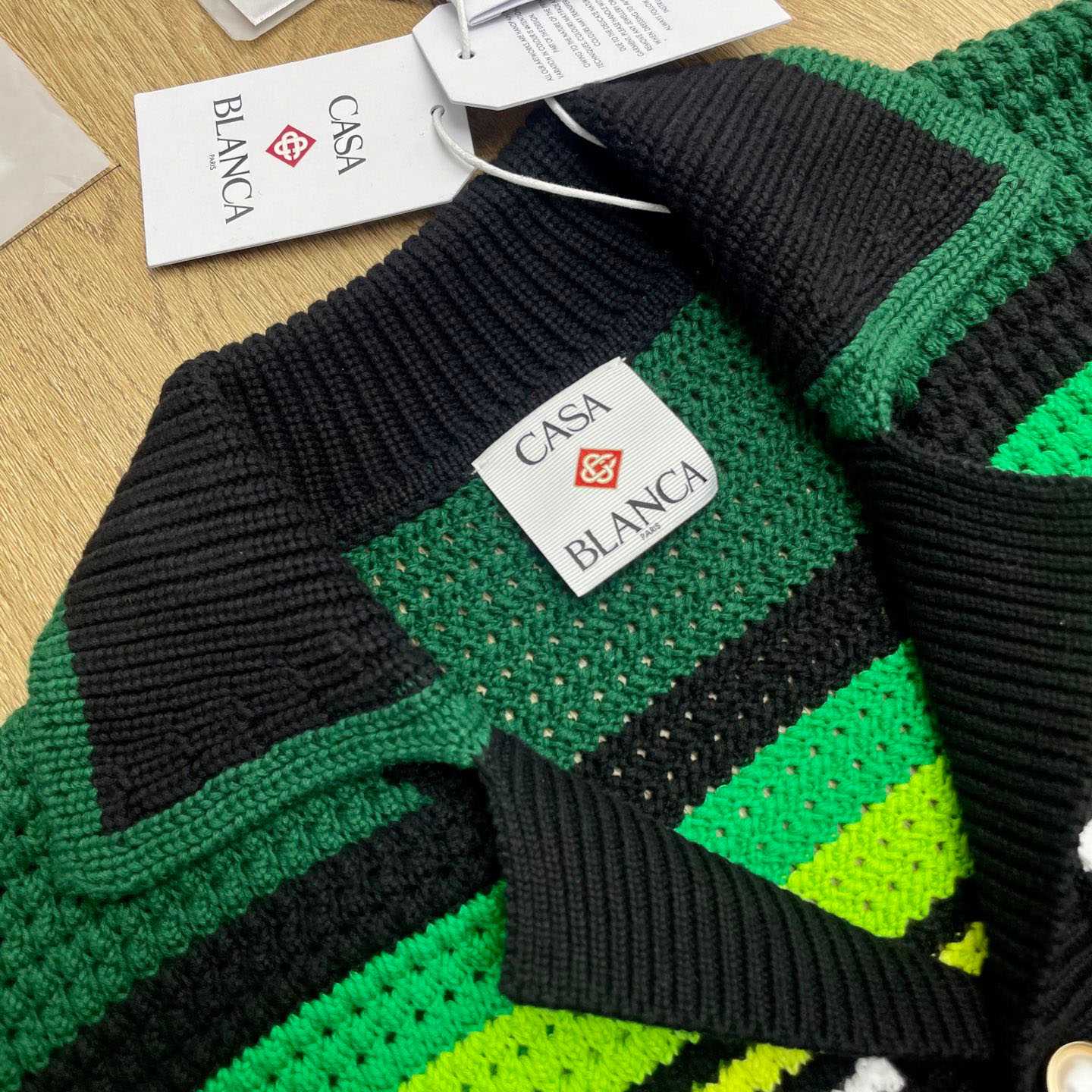 Casablanca Black & Green Striped Short Sleeve Crochet Shirt  Z6045 - DesignerGu