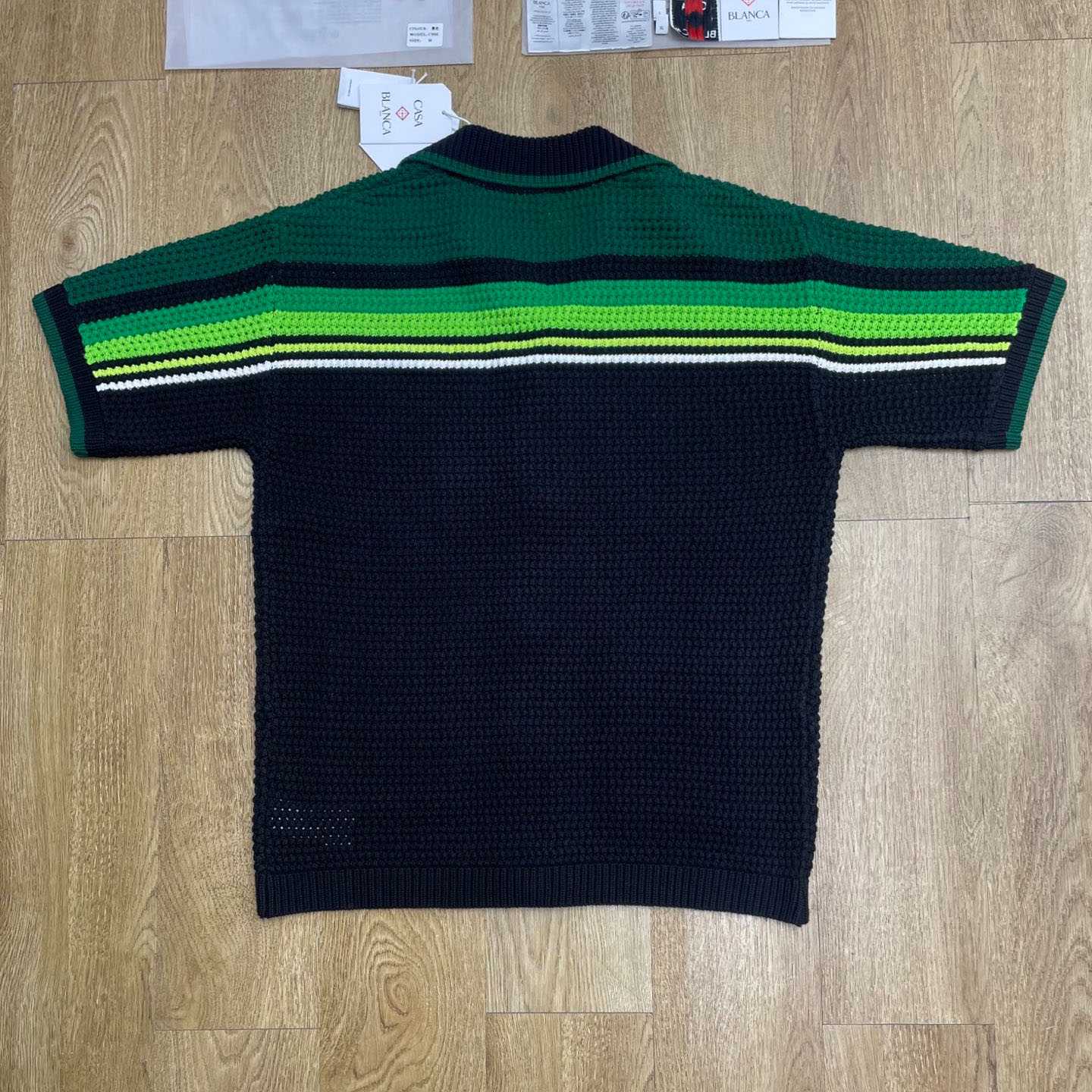 Casablanca Black & Green Striped Short Sleeve Crochet Shirt  Z6045 - DesignerGu