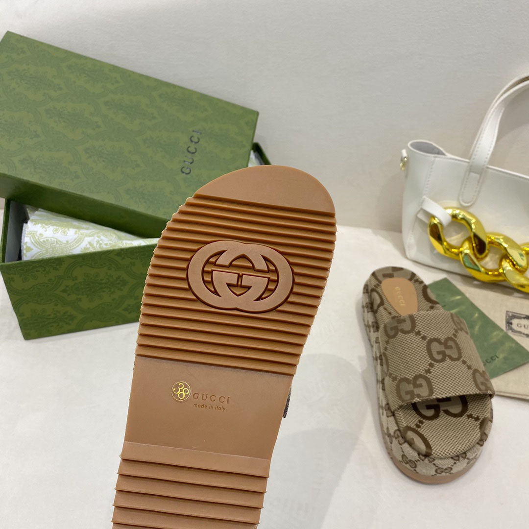  Gucci Wmns GG Lame Platform Slide Sandal 'Camel Monogram' - DesignerGu