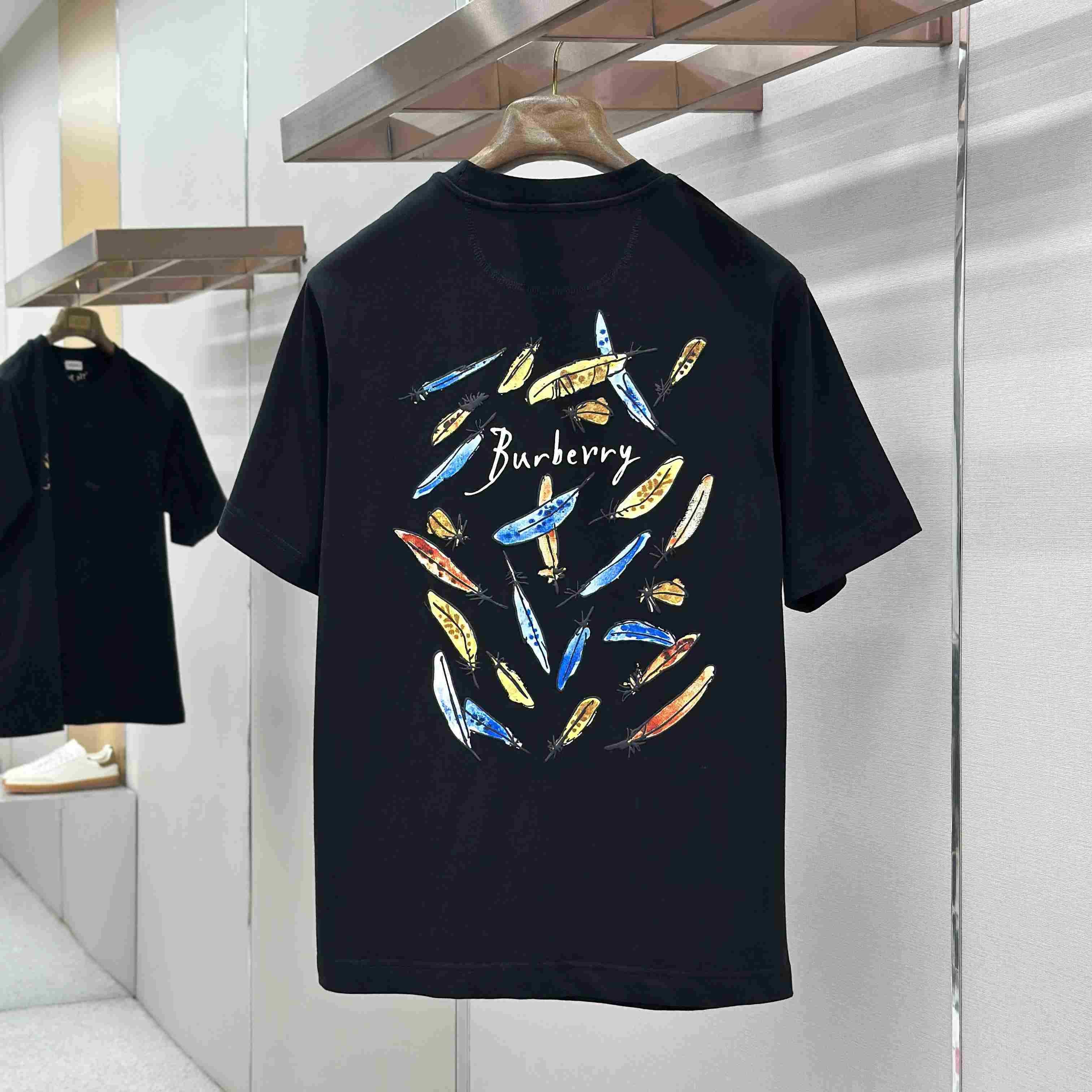 Burberry Feather Print Cotton T-shirt   'Black' - DesignerGu