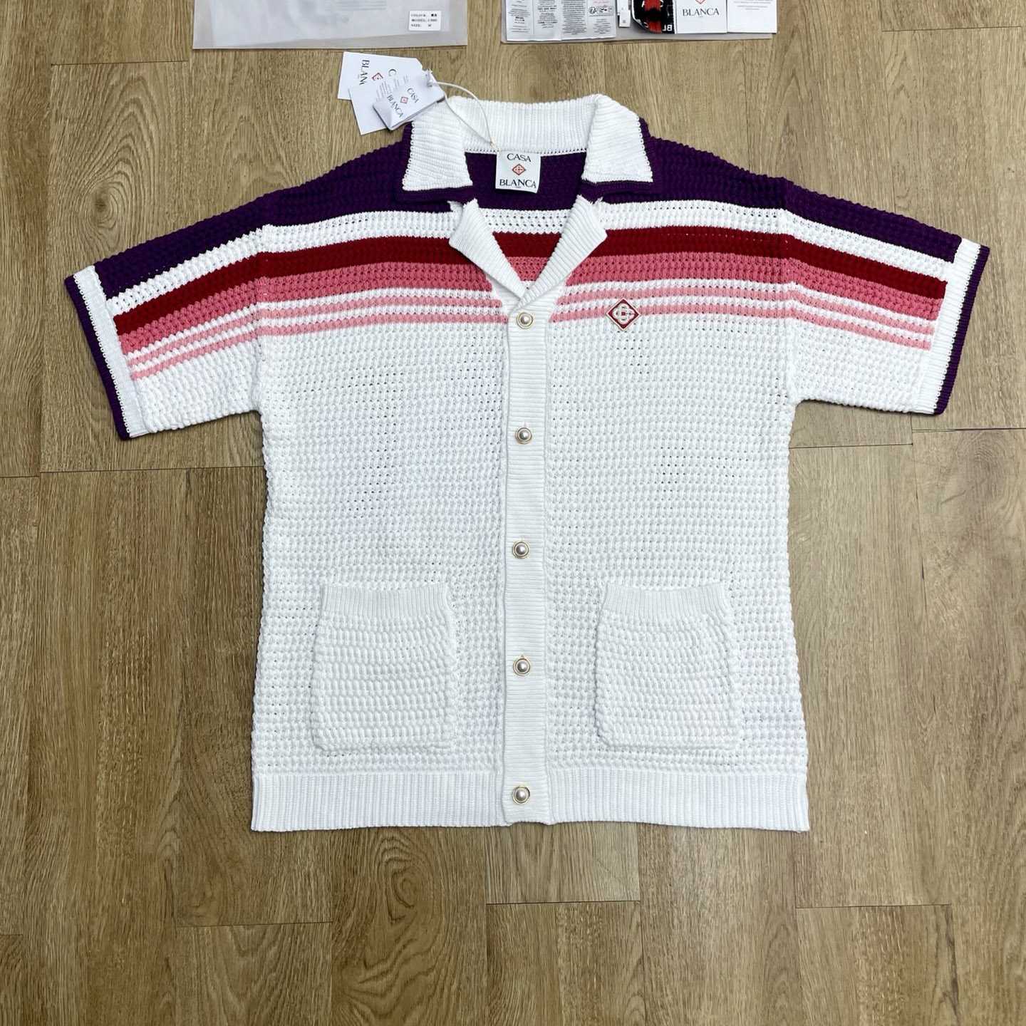 Casablanca White & Pink Stripe Short Sleeve Crochet Shirt D0202 - DesignerGu