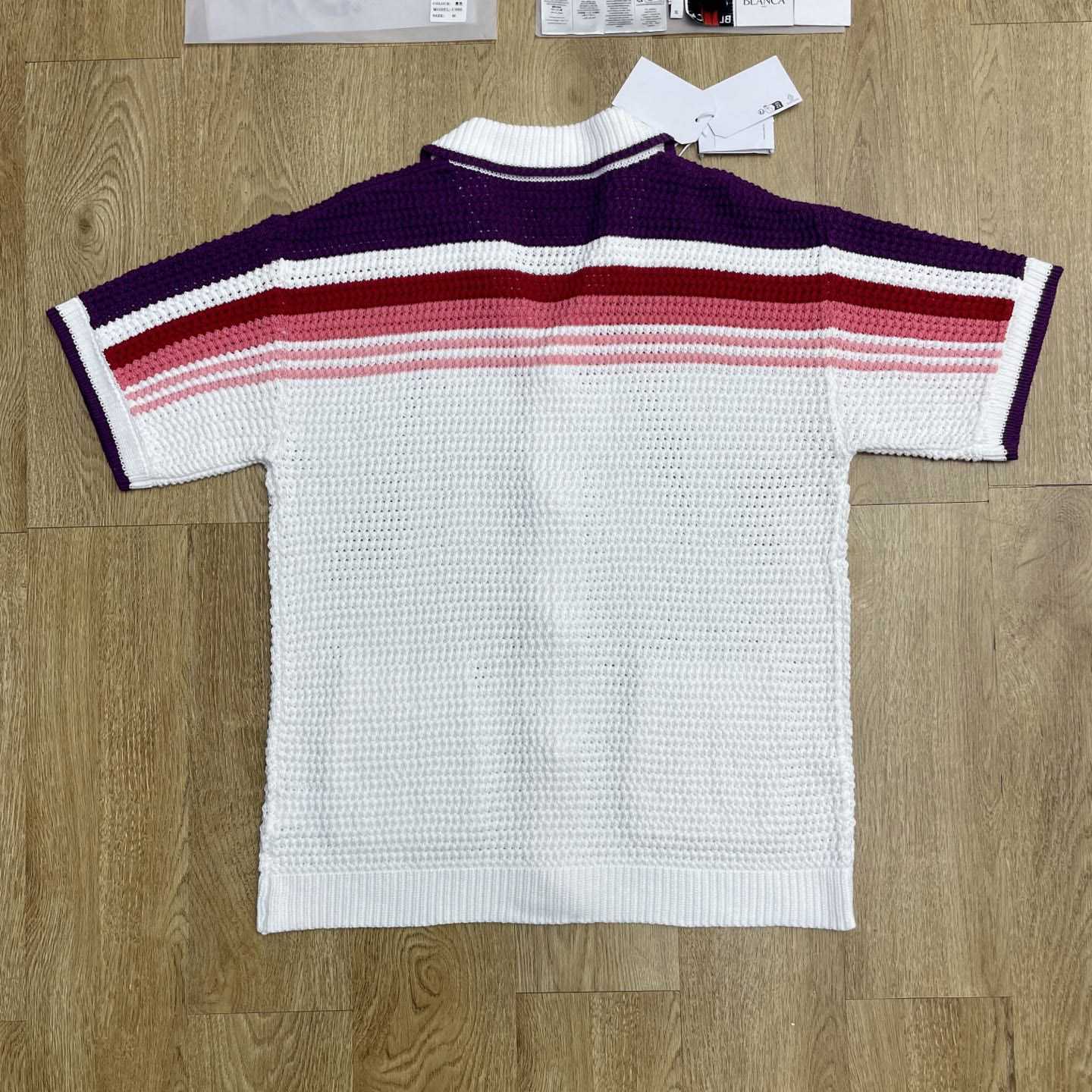 Casablanca White & Pink Stripe Short Sleeve Crochet Shirt D0202 - DesignerGu