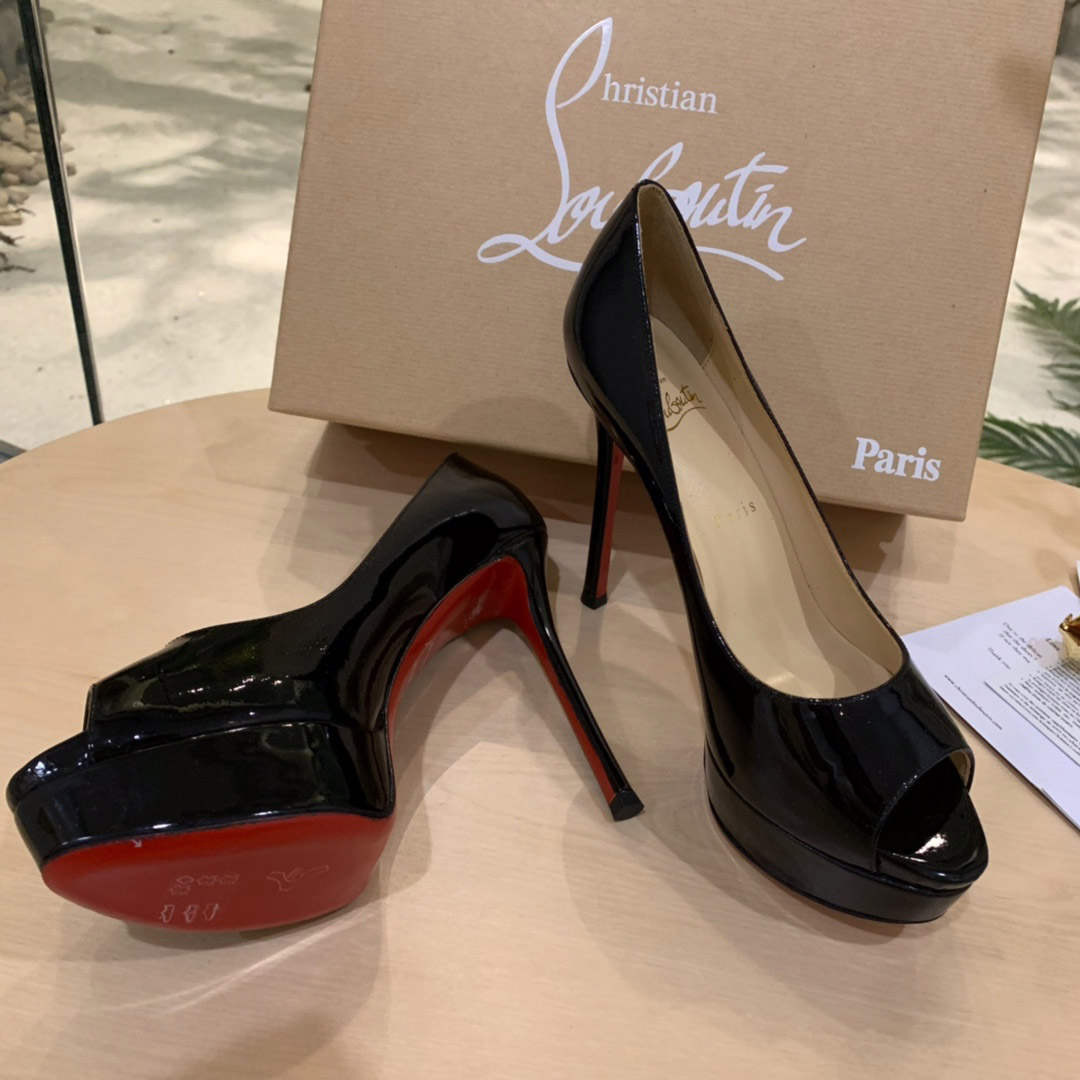 Christian Louboutin Fetish Peep Black Patent Platform Sandal Heel Pump - DesignerGu