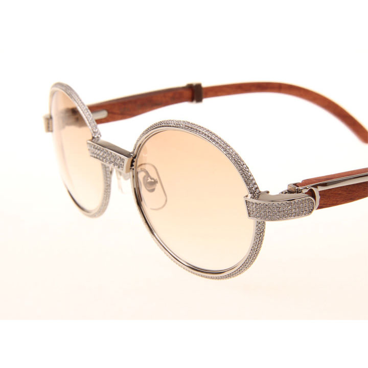 Cartier CT 7550178 Full Diamond Wood Sunglasses In Silver Brown - DesignerGu