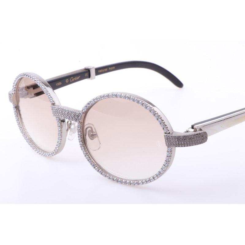 Cartier CT 7550178 New Full Diamond White Mix Black Buffalo Sunglasses In Silver Brown - DesignerGu
