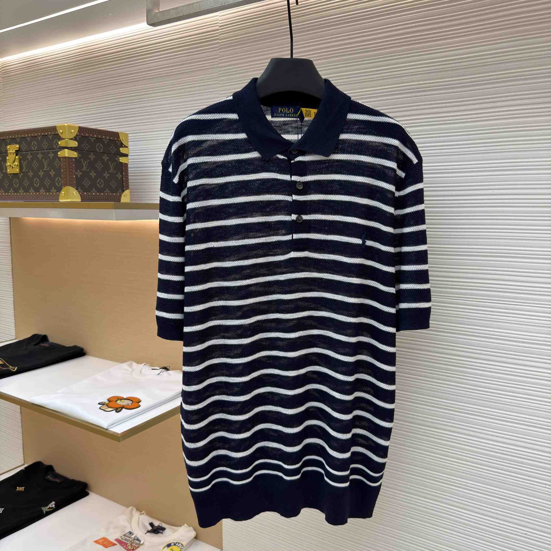 Ralph Lauren Striped Cotton-Linen Polo Sweater - DesignerGu