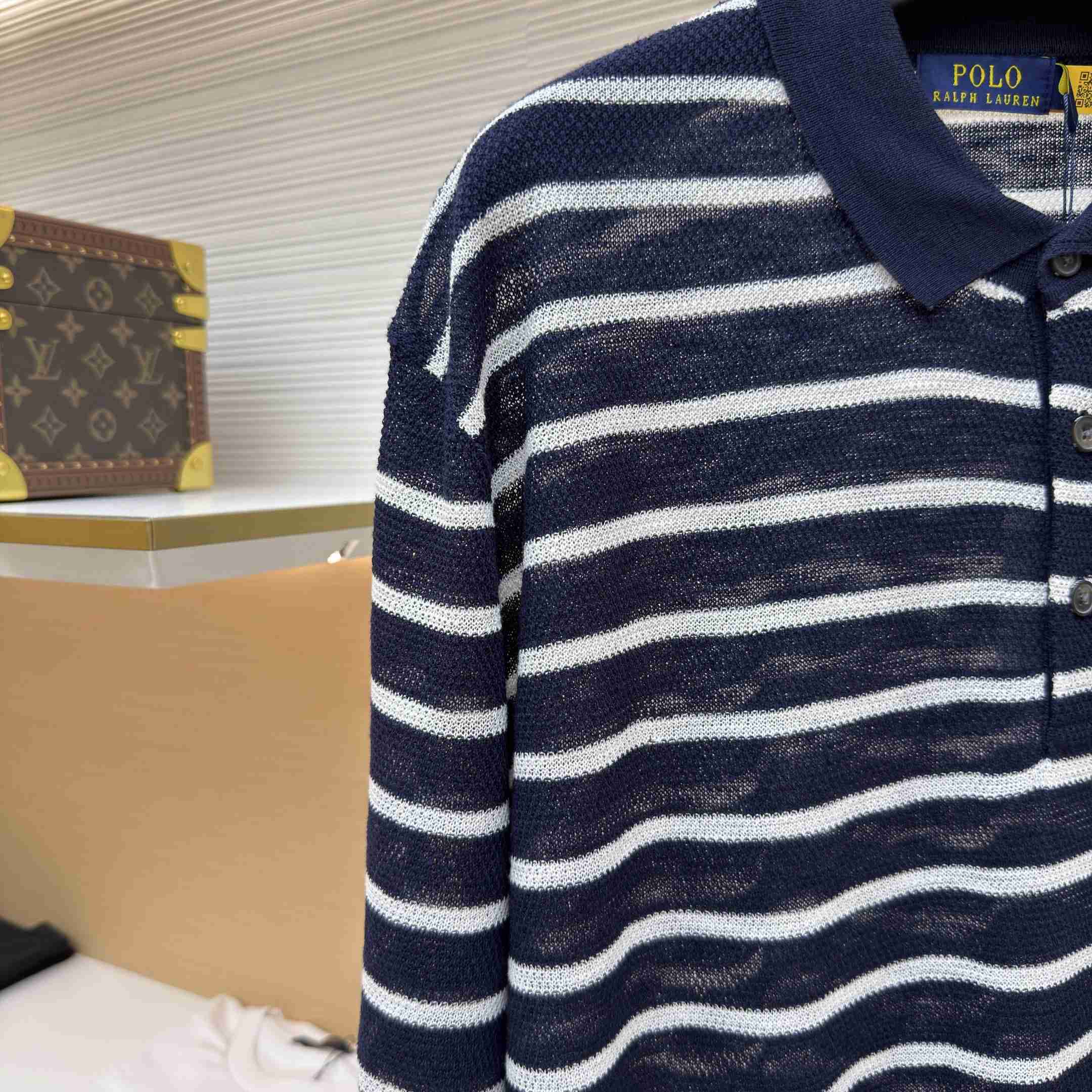 Ralph Lauren Striped Cotton-Linen Polo Sweater - DesignerGu