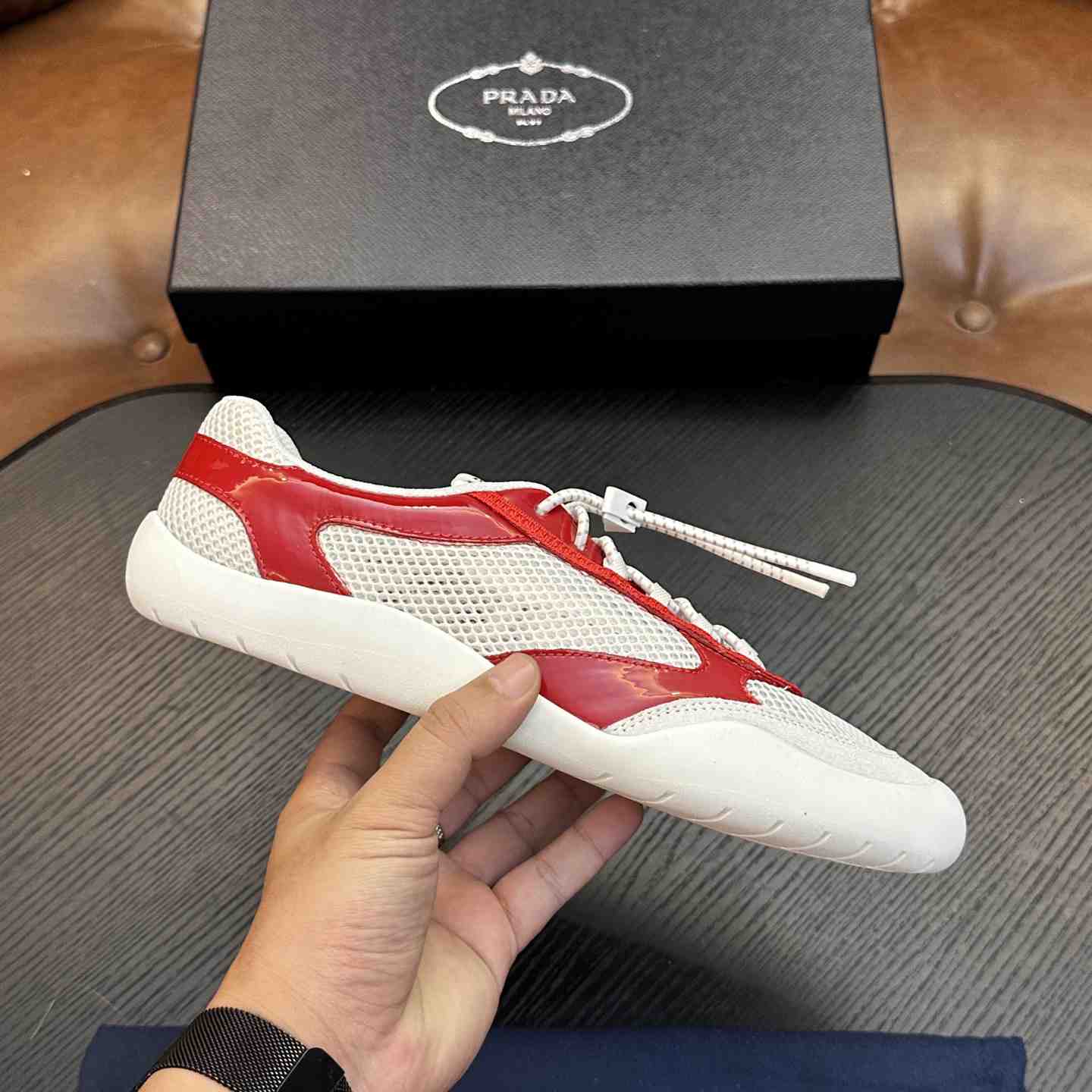 Prada Speedrock Patent Leather and Mesh Fabric Sneakers - DesignerGu