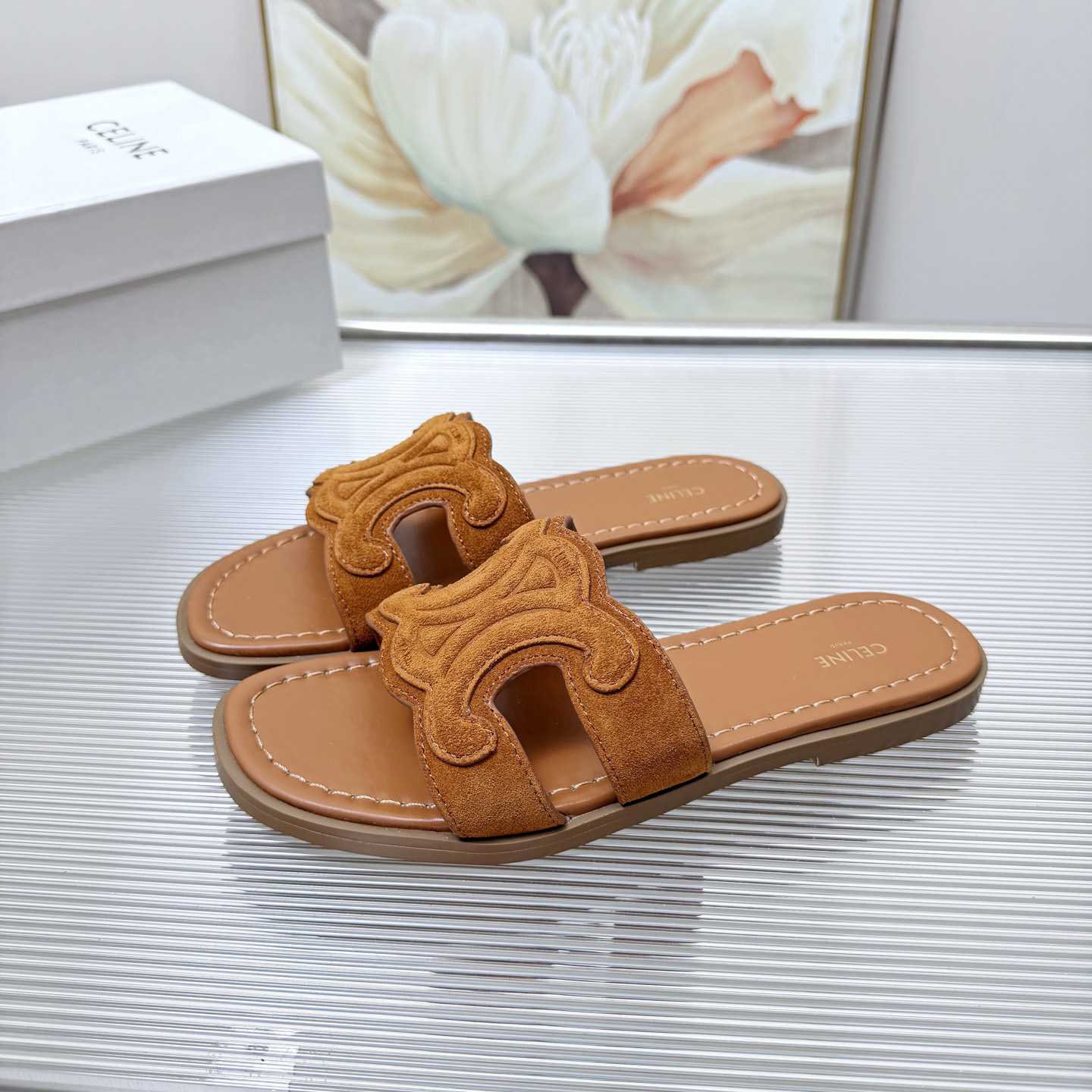 Celine Marina Triomphe Mule In Suede Calfskin - DesignerGu