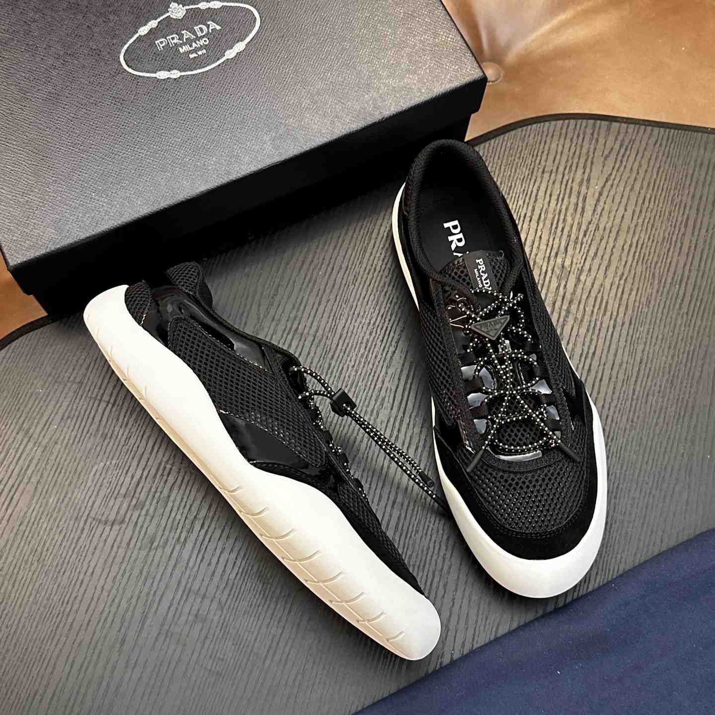 Prada Speedrock Patent Leather and Mesh Fabric Sneakers - DesignerGu
