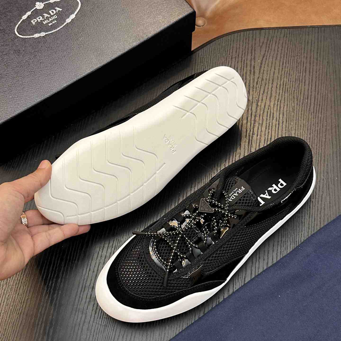 Prada Speedrock Patent Leather and Mesh Fabric Sneakers - DesignerGu