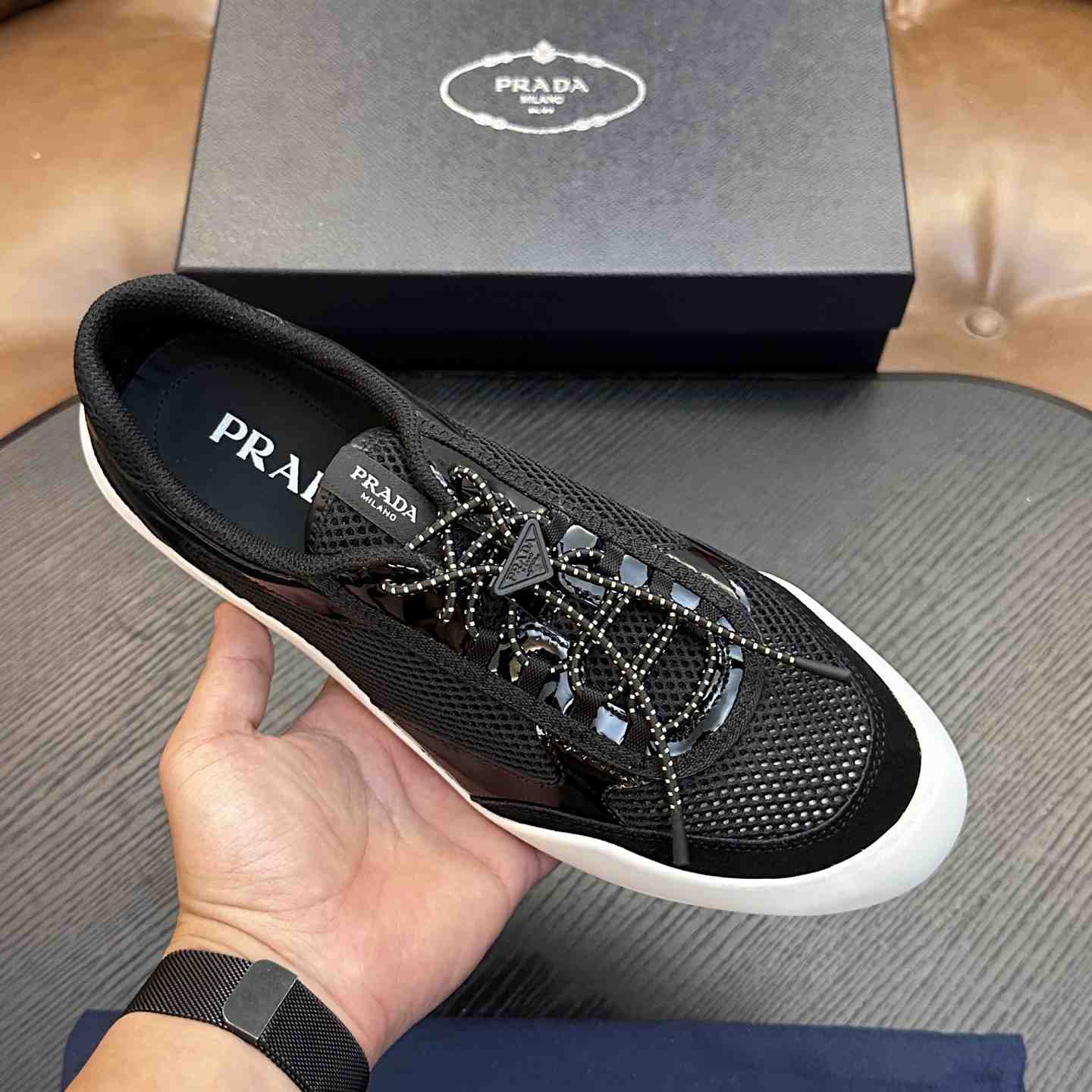 Prada Speedrock Patent Leather and Mesh Fabric Sneakers - DesignerGu