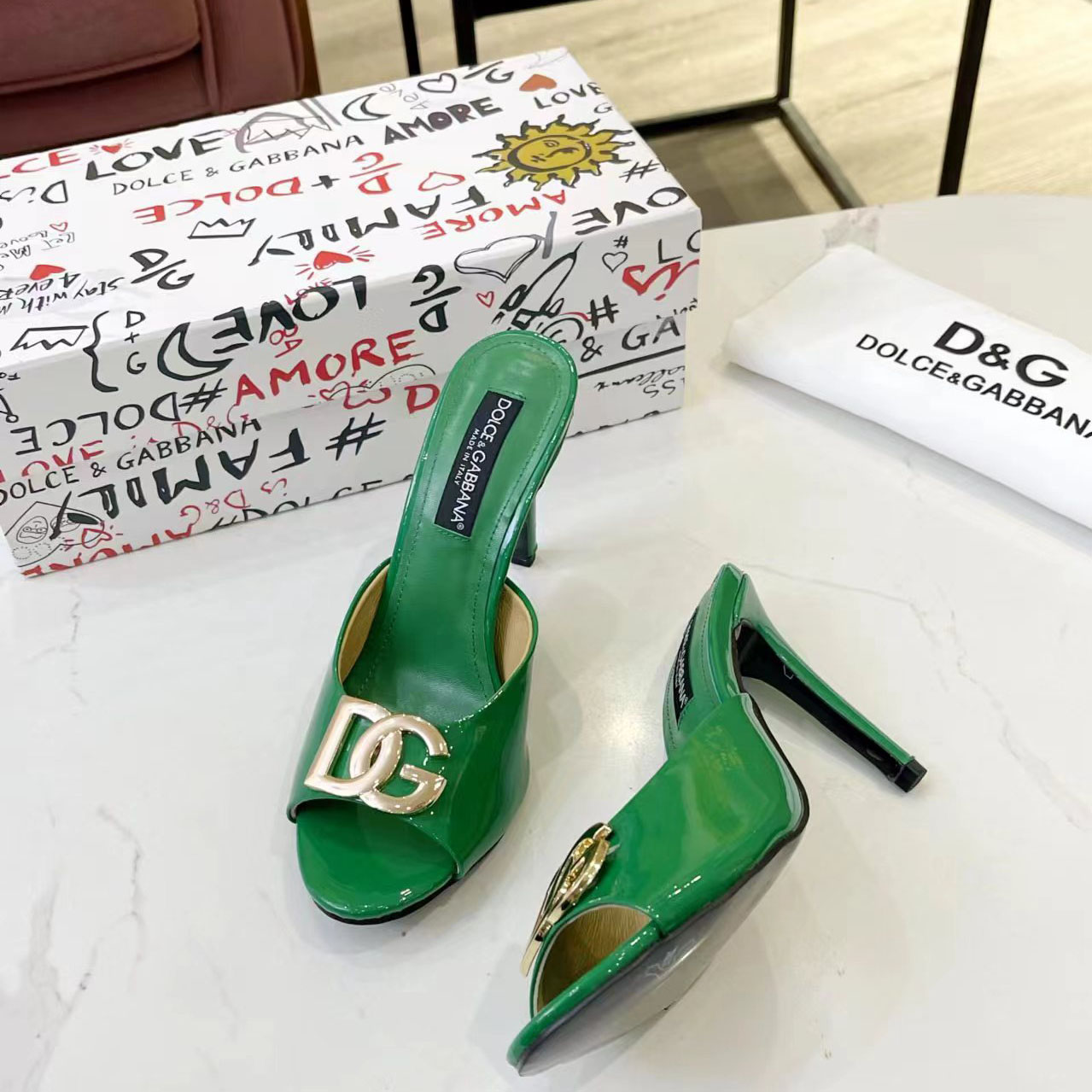Dolce & Gabbana Patent Leather Mules With DG Logo - DesignerGu