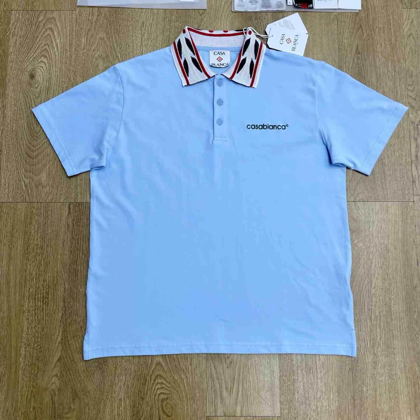 Casablanca Pale Blue Laurel Pique Short Sleeve Polo Shirt C1173 - DesignerGu