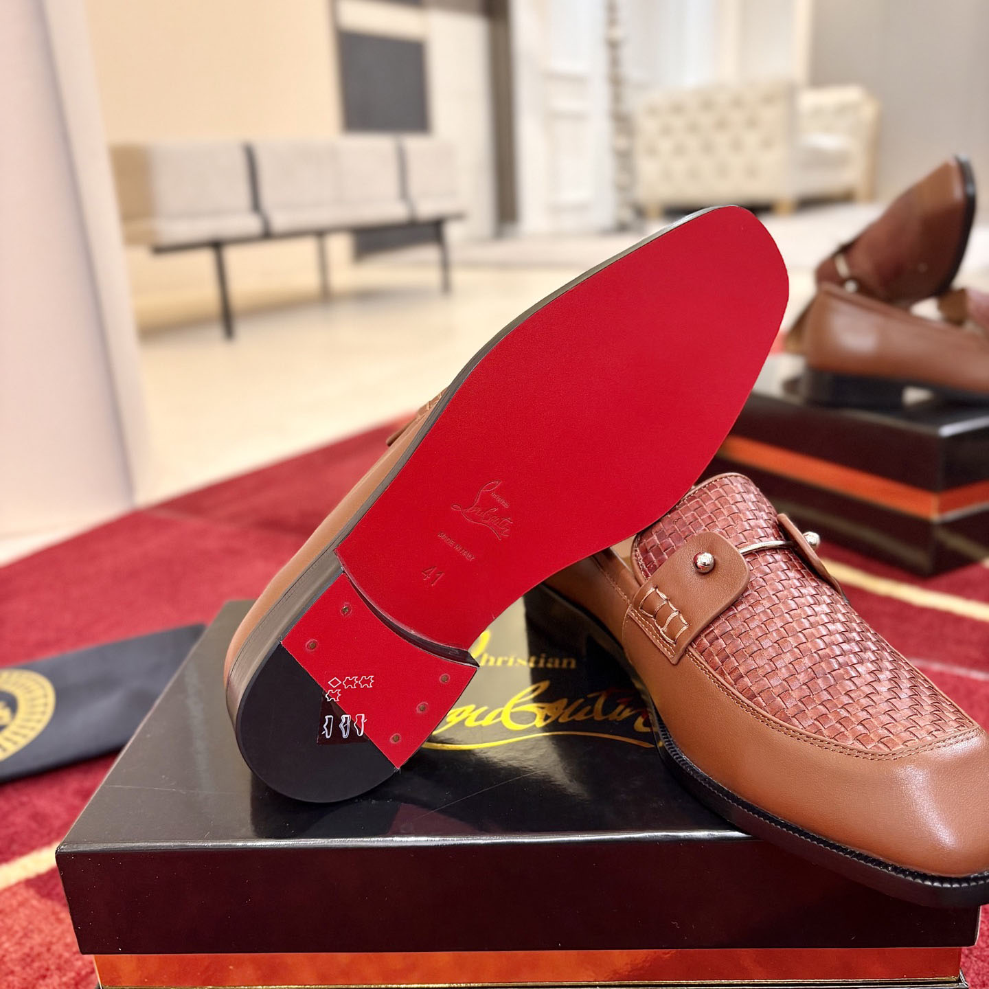 Christian Louboutin Chambelimoc Woven Leather Boat Shoes - DesignerGu