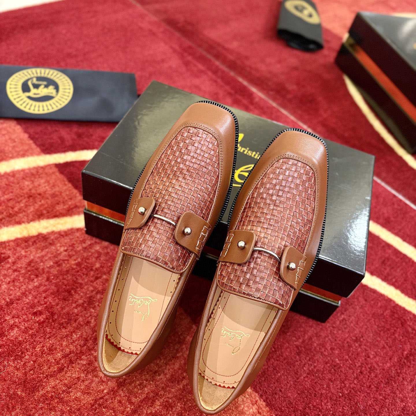 Christian Louboutin Chambelimoc Woven Leather Boat Shoes - DesignerGu
