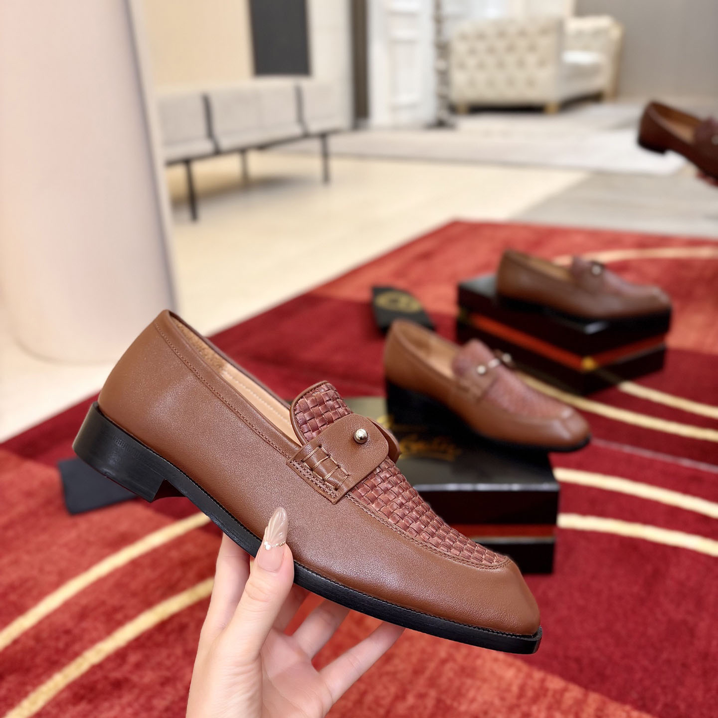 Christian Louboutin Chambelimoc Woven Leather Boat Shoes - DesignerGu