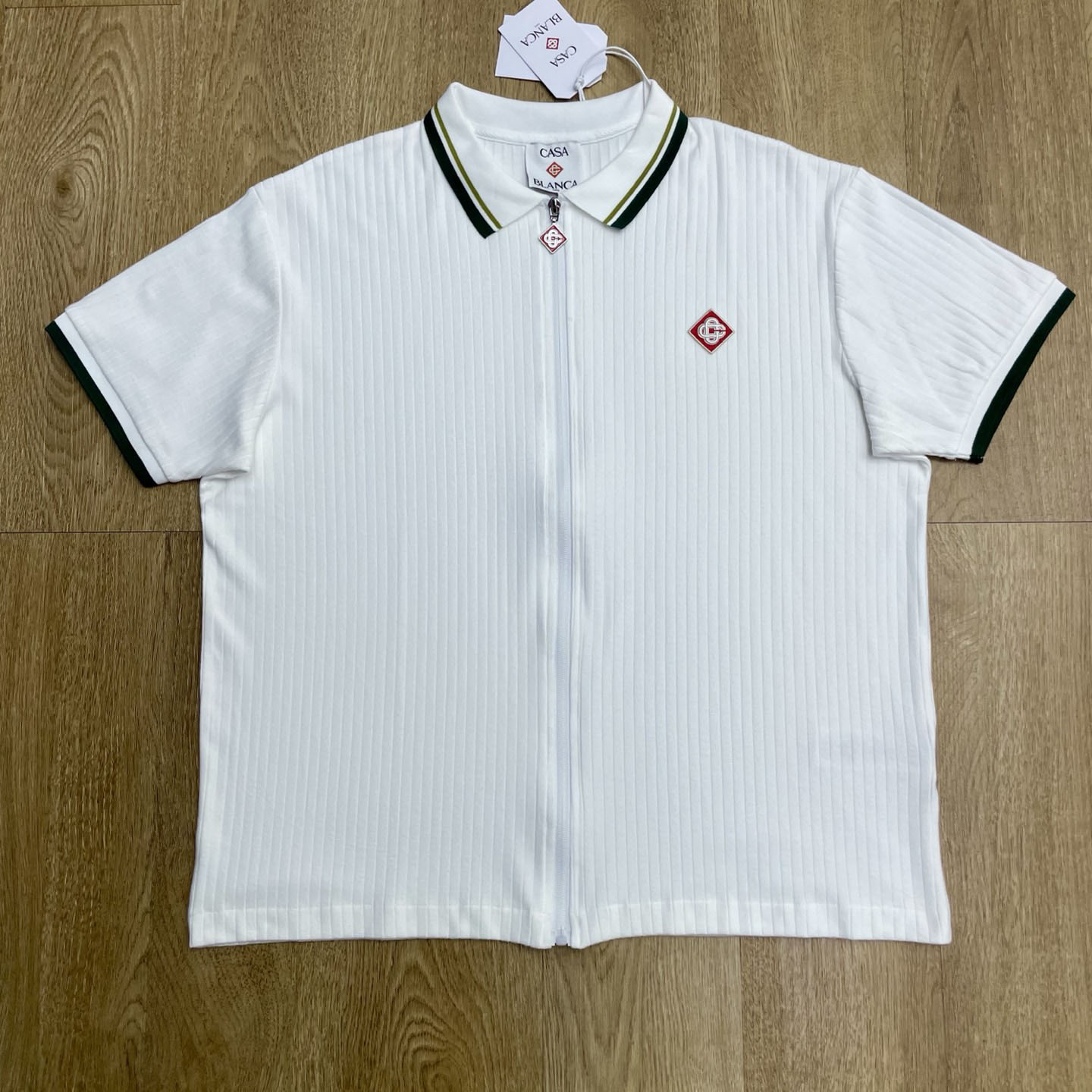 Casablanca White Striped Velour Zip‑Up Short Sleeve Shirt C1180 - DesignerGu