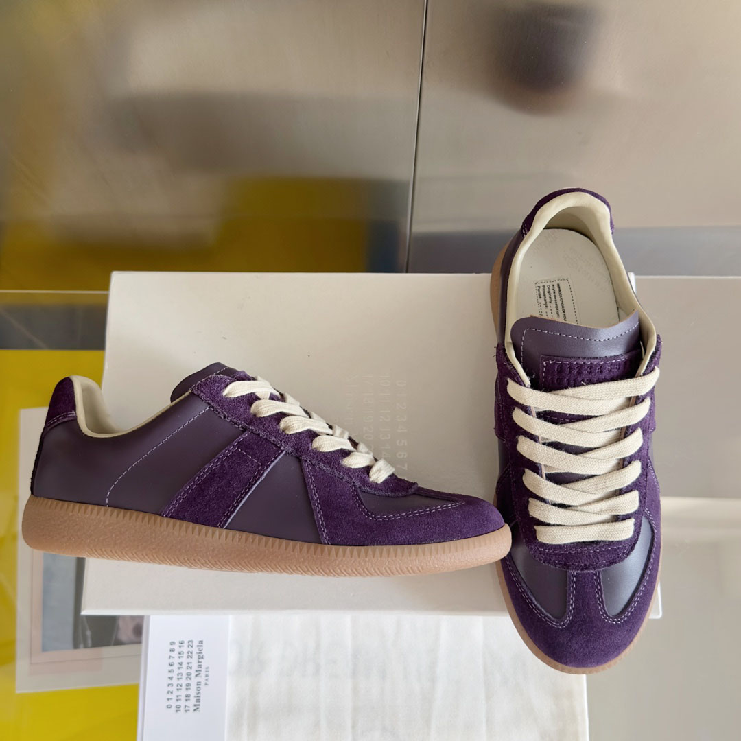 Maison Margiela Replica Leather and Suede Sneakers - Burgundy - DesignerGu