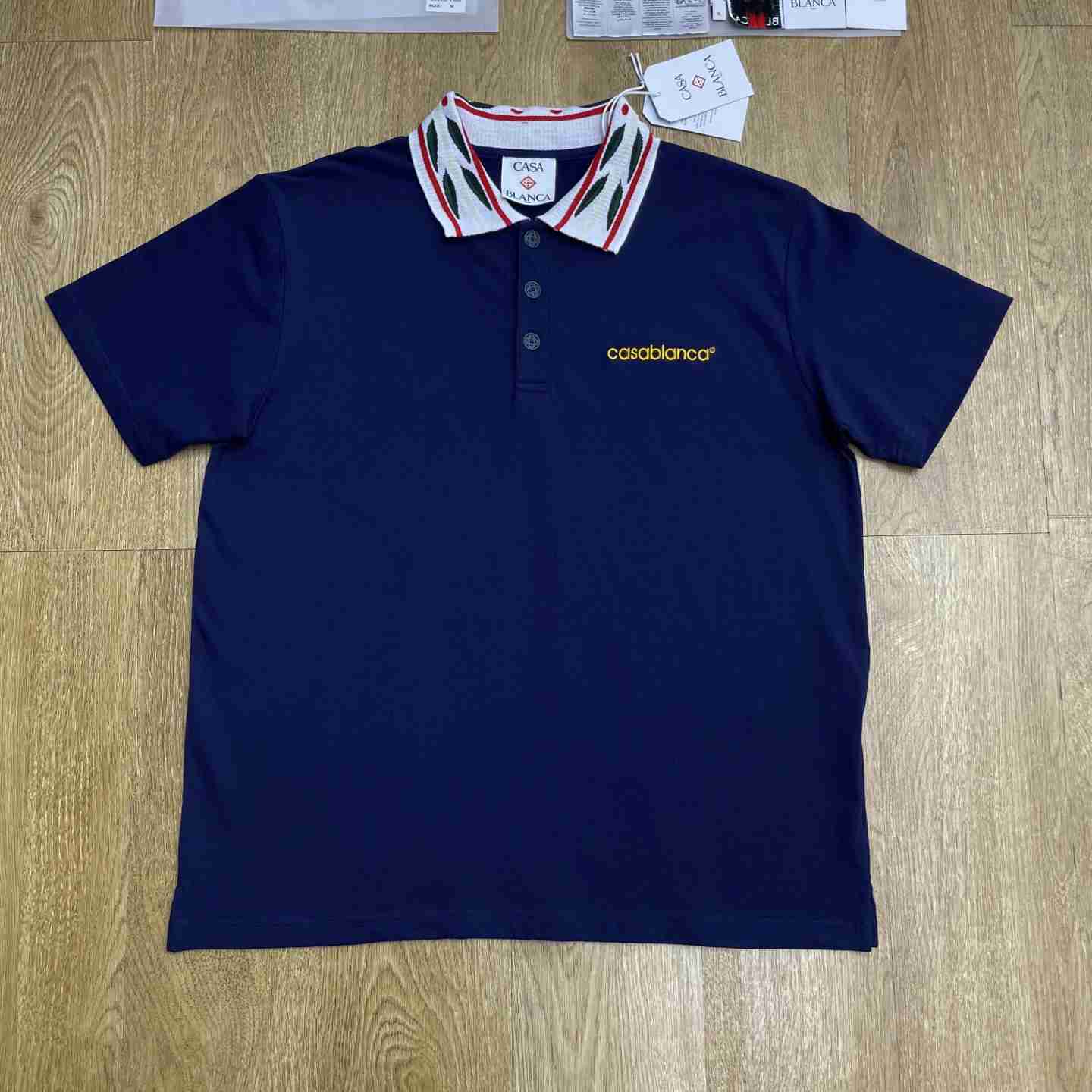 Casablanca Navy Laurel Pique Short Sleeve Polo Shirt C1174 - DesignerGu
