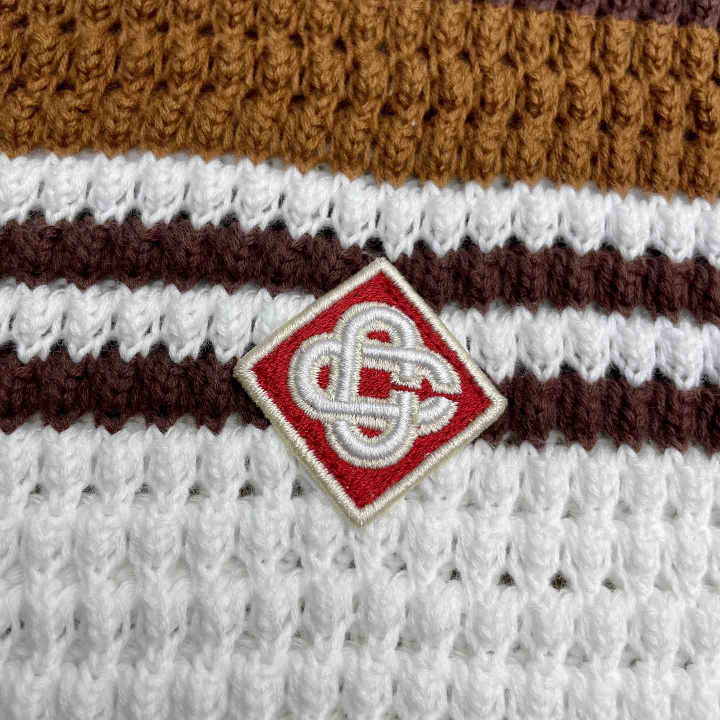 Casablanca White & Brown Tennis Stripe Crochet Short Sleeve Shirt D0208 - DesignerGu