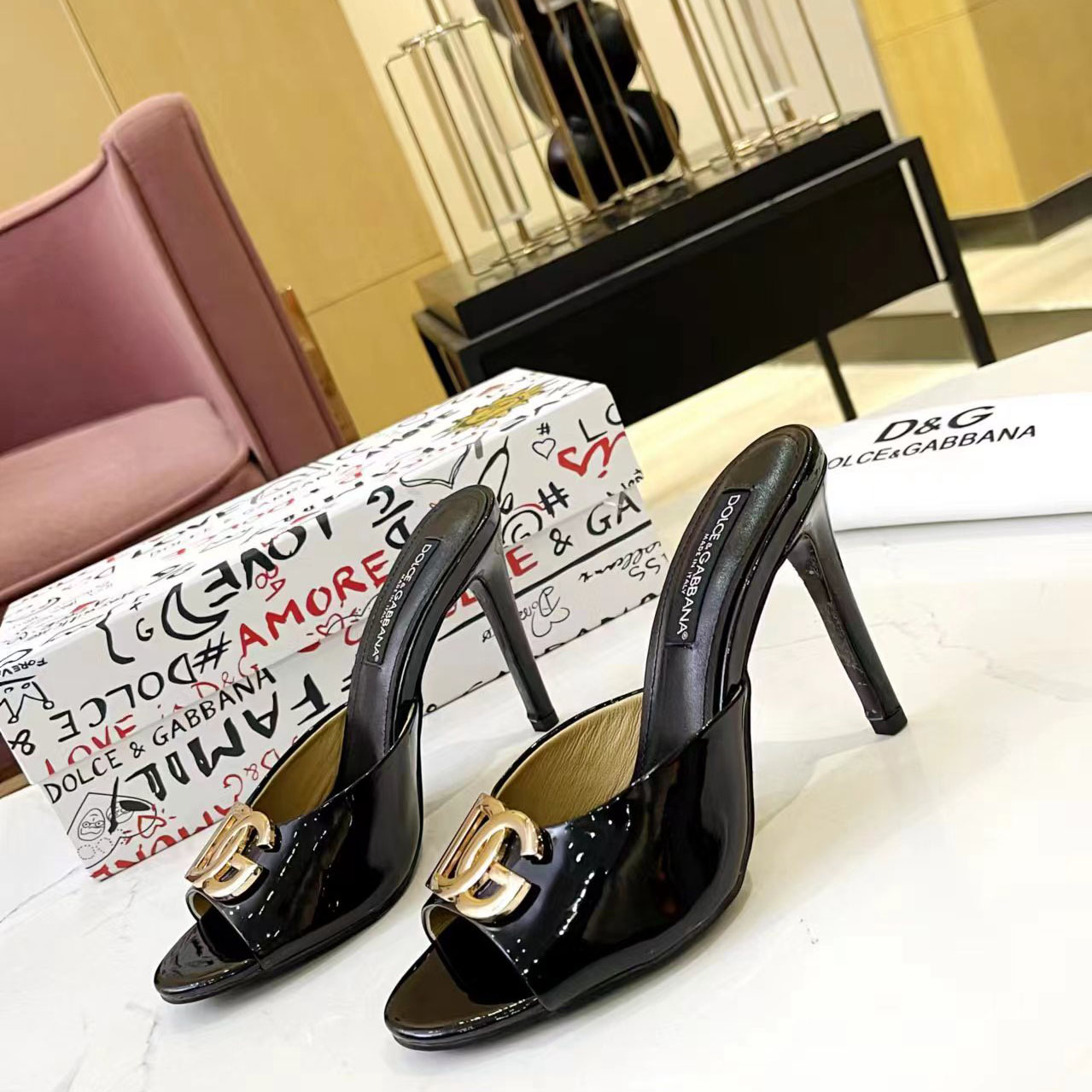 Dolce & Gabbana Patent Leather Mules With DG Logo - DesignerGu