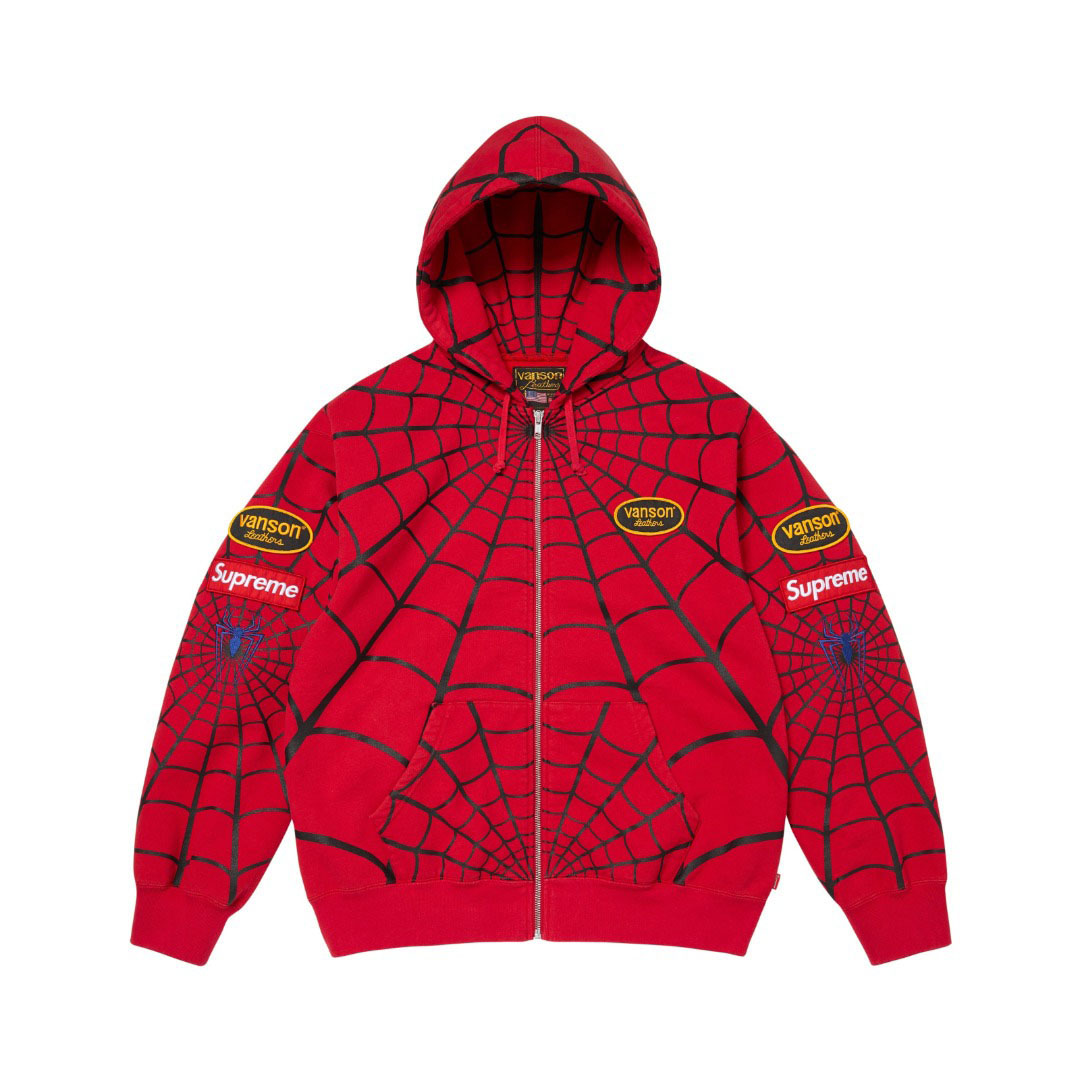 Supreme x Vanson Leathers Spider-Man Zip Up Hooded Sweatshirt 'Red' - DesignerGu