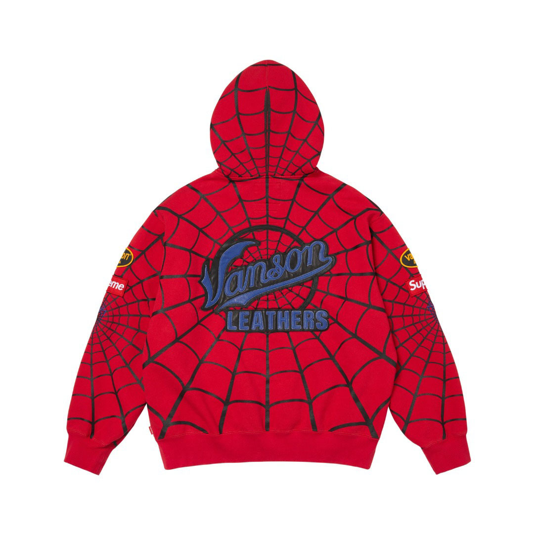 Supreme x Vanson Leathers Spider-Man Zip Up Hooded Sweatshirt 'Red' - DesignerGu