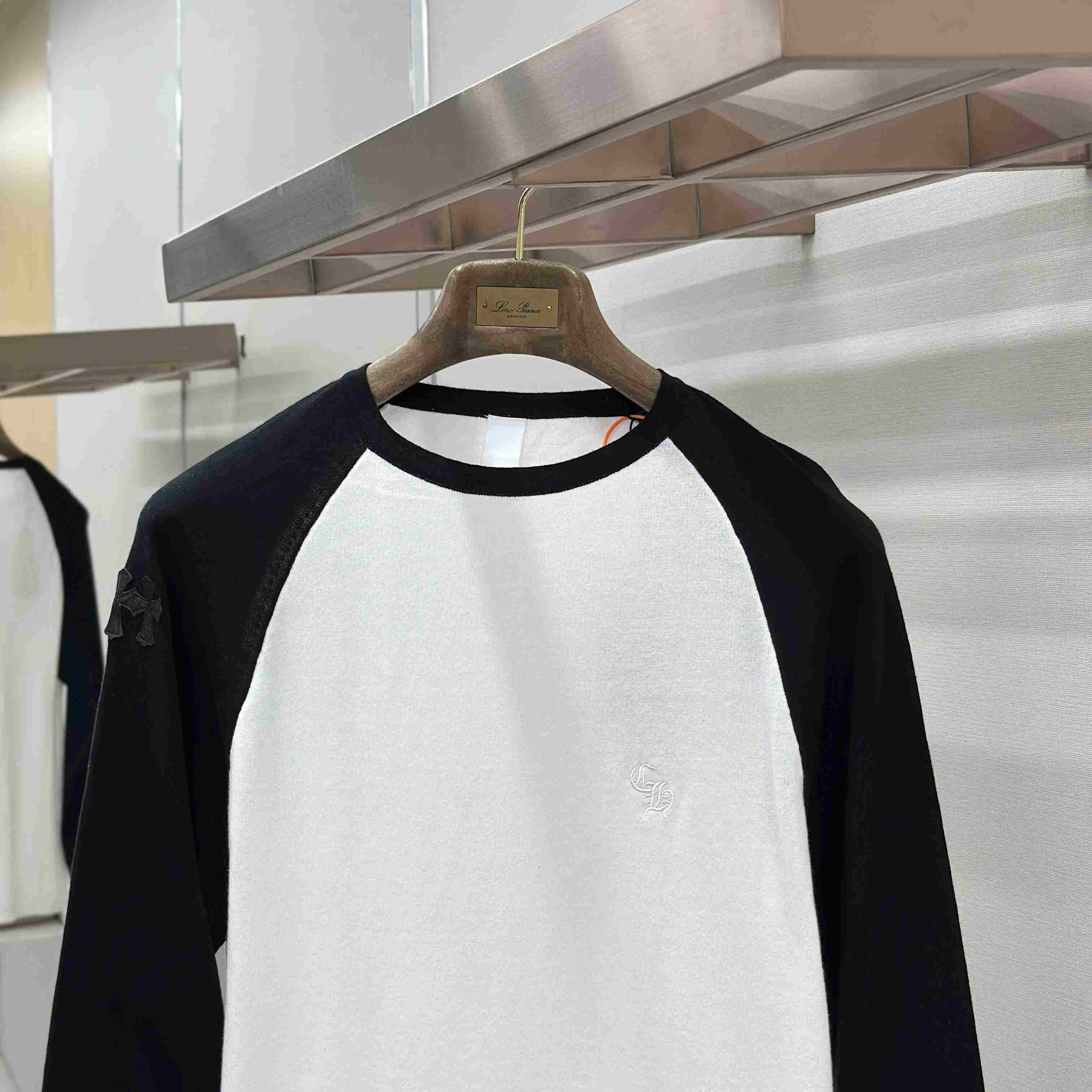 Chrome Hearts Cross Patch Embroidered Silk Raglan Black&White Long Sleeve Tee - DesignerGu