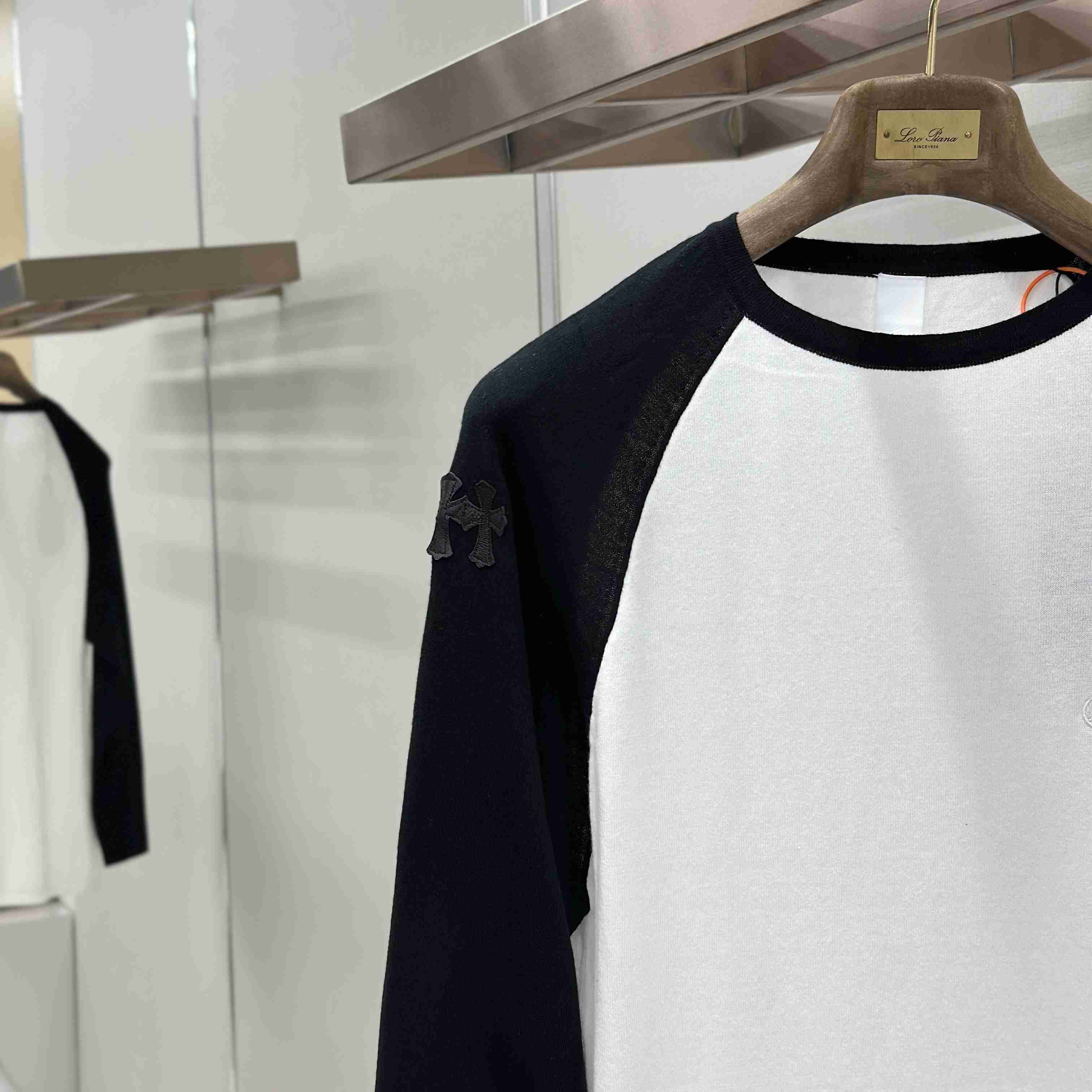 Chrome Hearts Cross Patch Embroidered Silk Raglan Black&White Long Sleeve Tee - DesignerGu