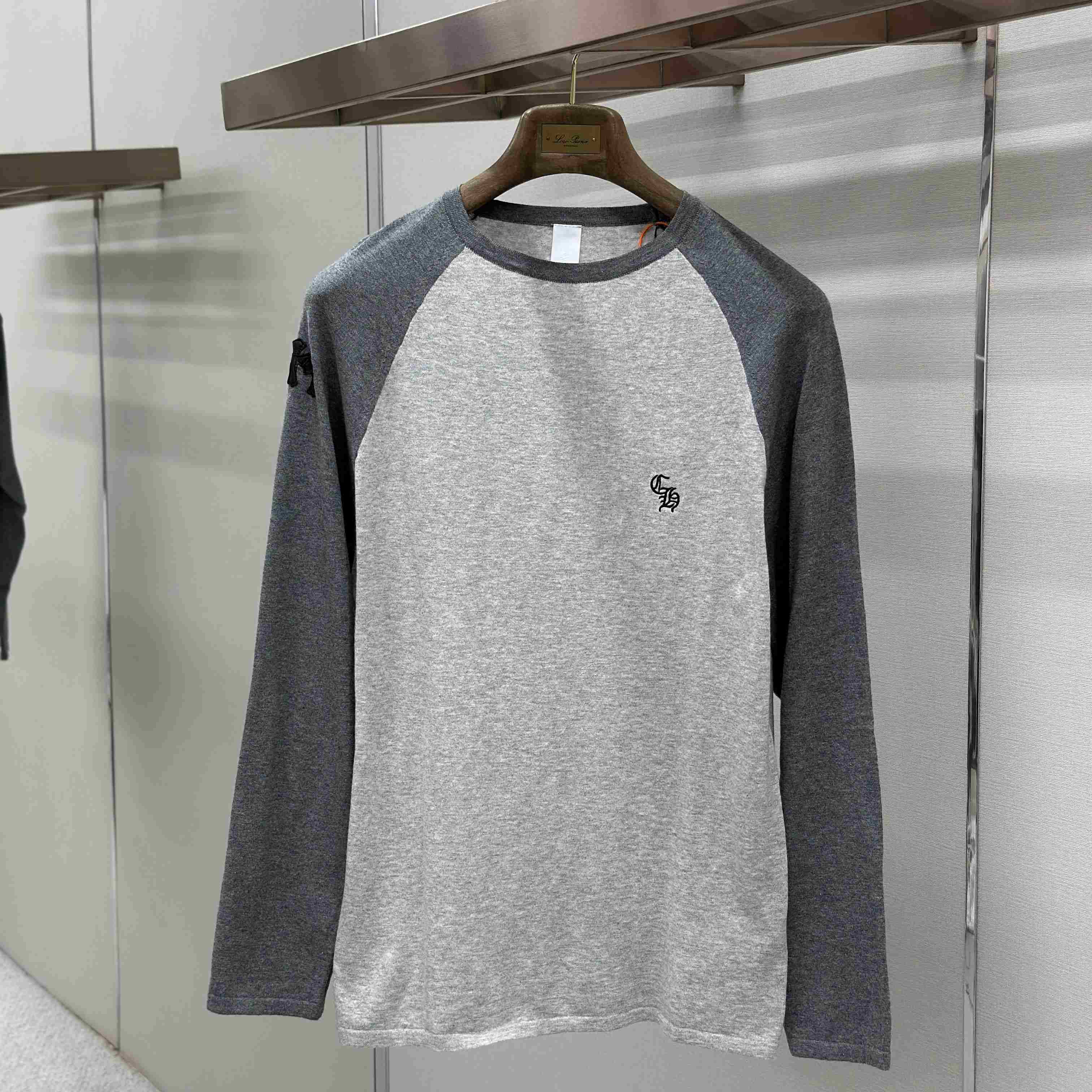 Chrome Hearts Cross Patch Embroidered Silk Raglan Grey Long Sleeve Tee - DesignerGu