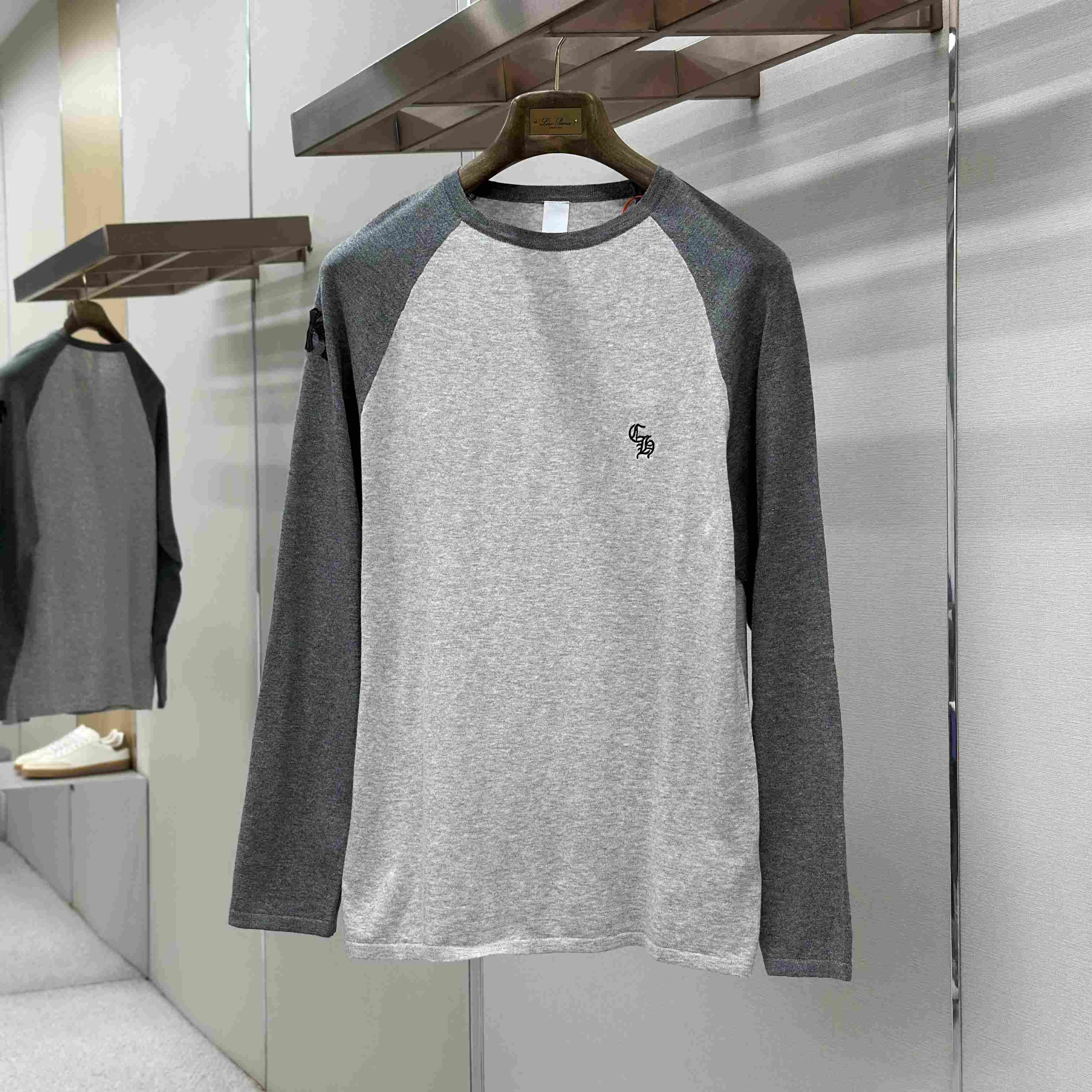 Chrome Hearts Cross Patch Embroidered Silk Raglan Grey Long Sleeve Tee - DesignerGu