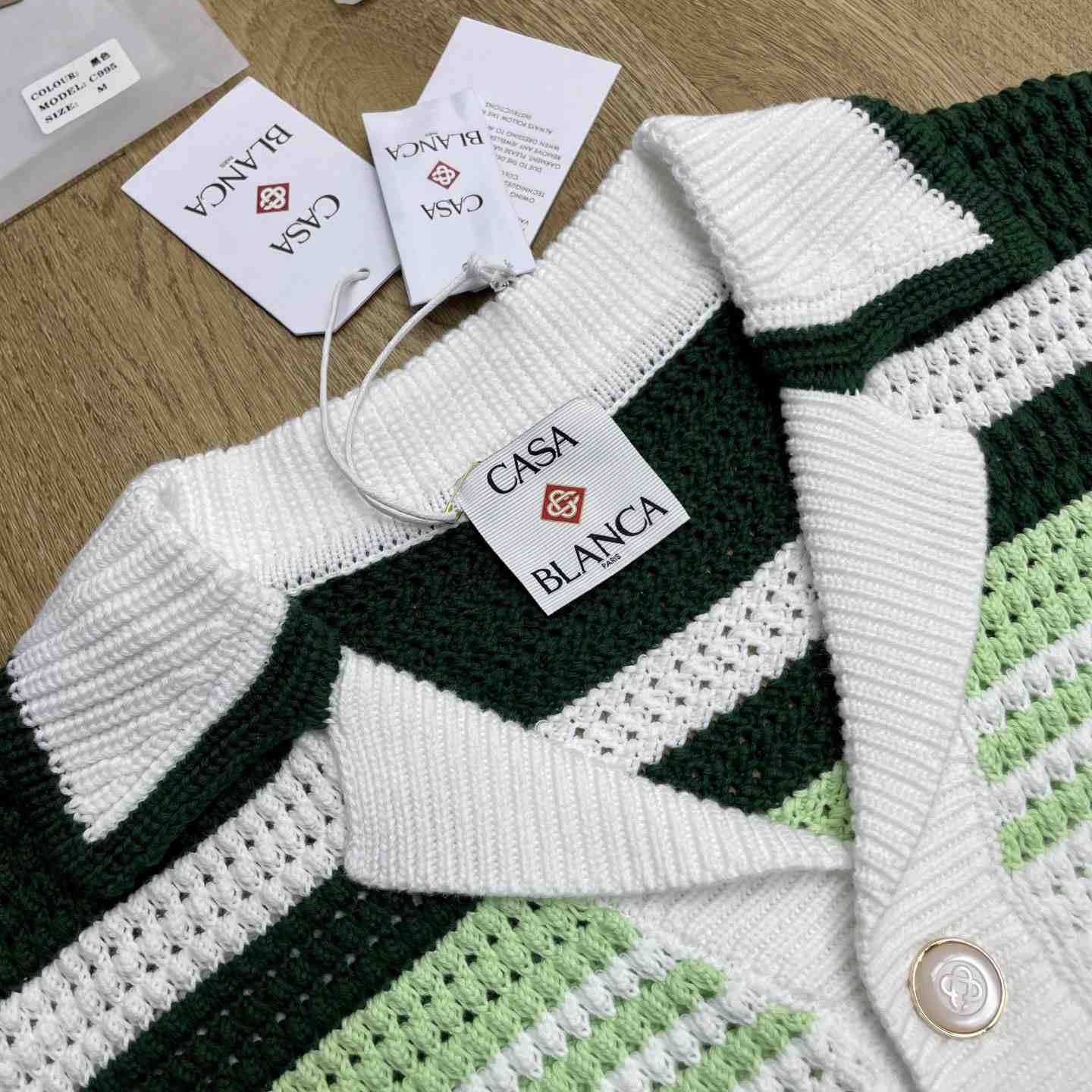 Casablanca Green & White Tennis Stripe Crochet Short Sleeve Shirt D0206 - DesignerGu