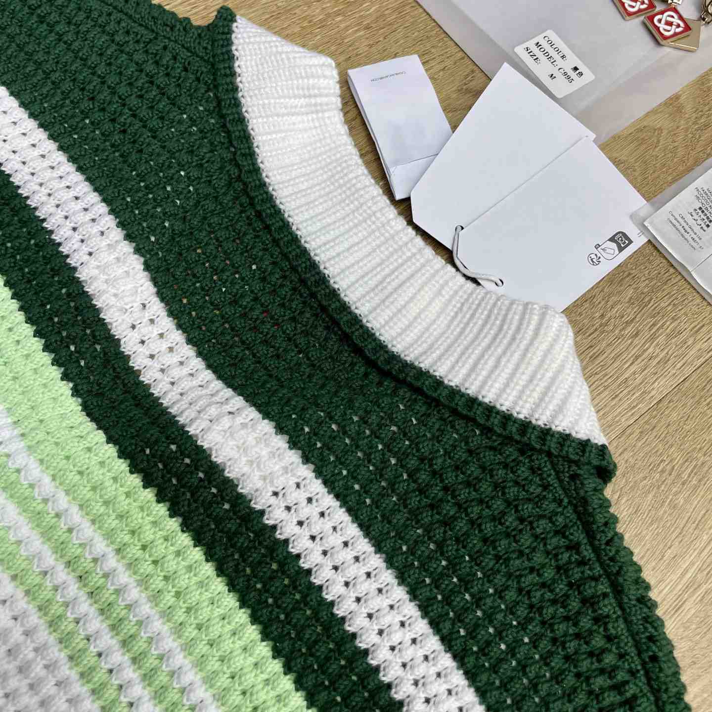 Casablanca Green & White Tennis Stripe Crochet Short Sleeve Shirt D0206 - DesignerGu
