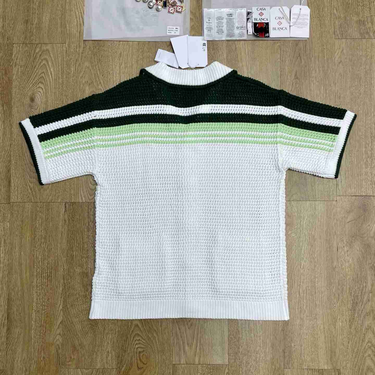 Casablanca Green & White Tennis Stripe Crochet Short Sleeve Shirt D0206 - DesignerGu