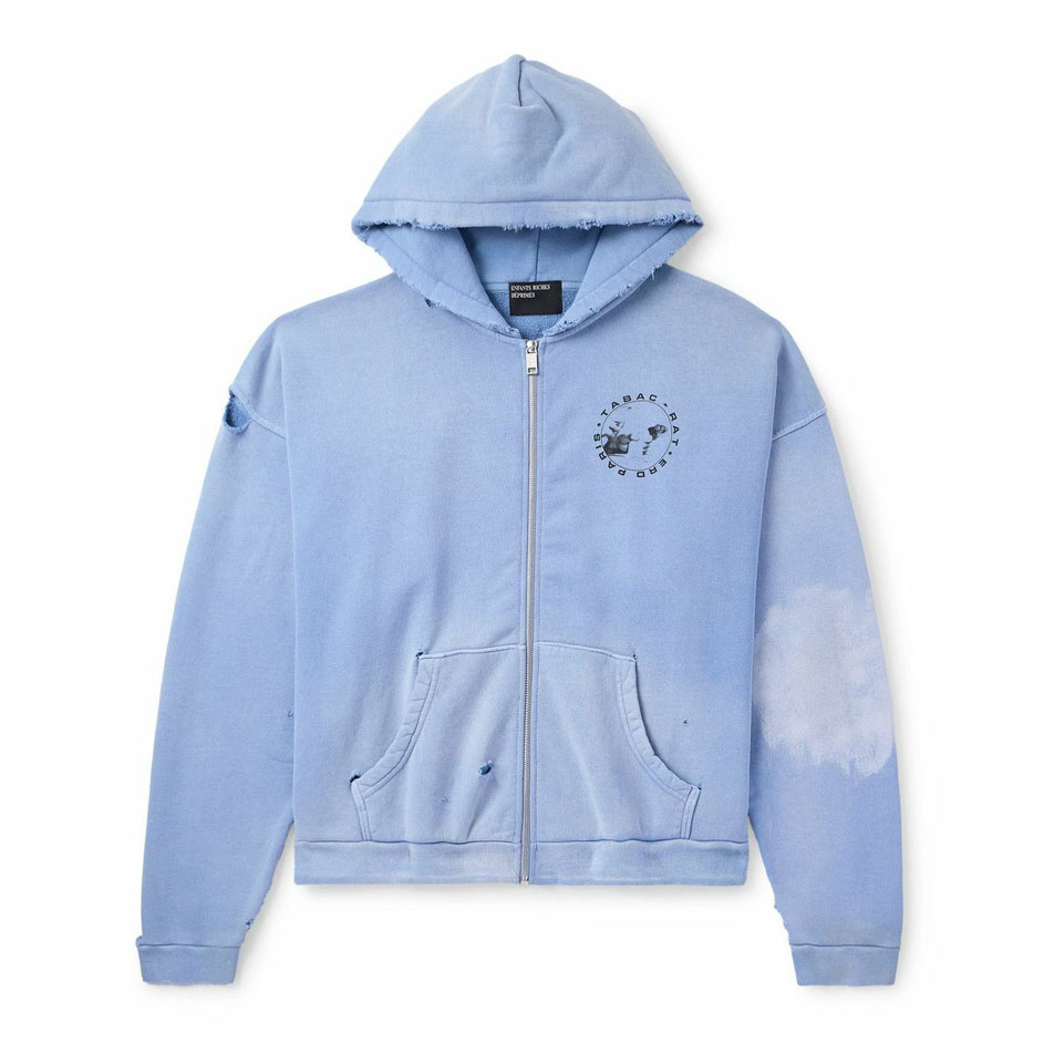 Enfants Riches Déprimés Printed Distressed Cotton-Jersey Zip-Up Hoodie  - DesignerGu