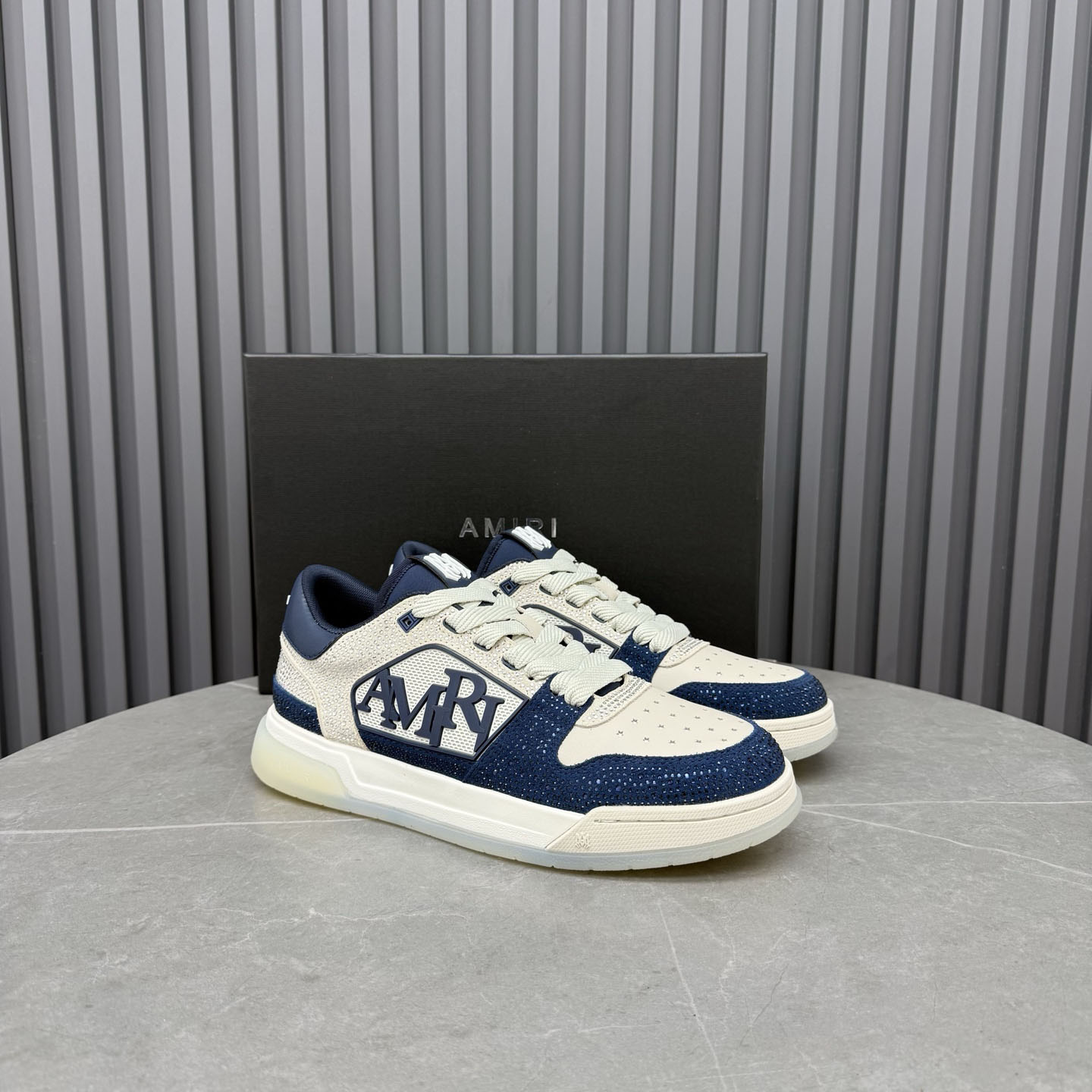 Amiri Beige & Navy Crystal Classic Low Sneakers - DesignerGu