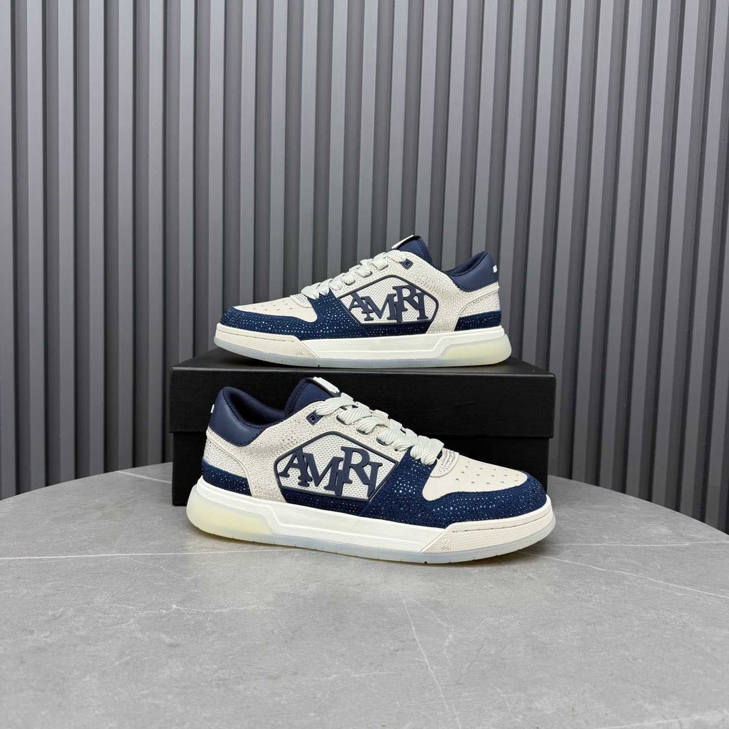 Amiri Beige & Navy Crystal Classic Low Sneakers - DesignerGu