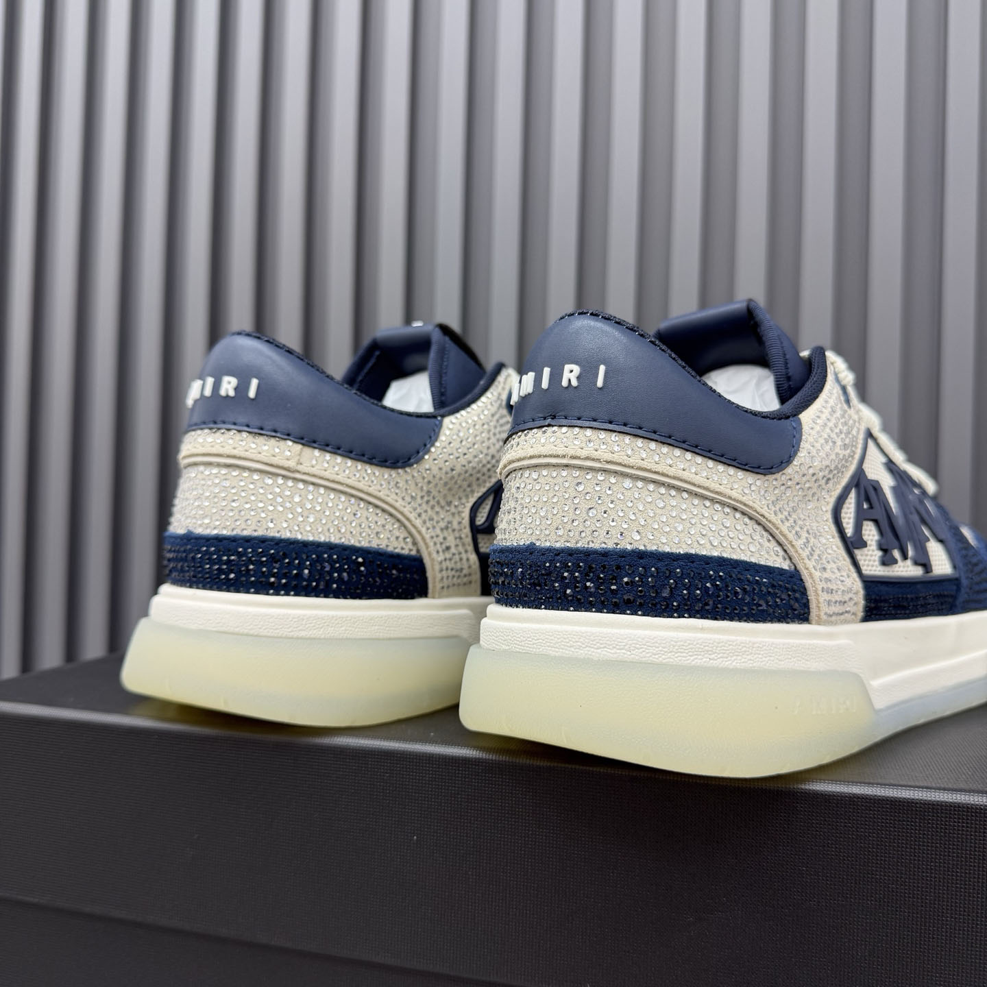 Amiri Beige & Navy Crystal Classic Low Sneakers - DesignerGu