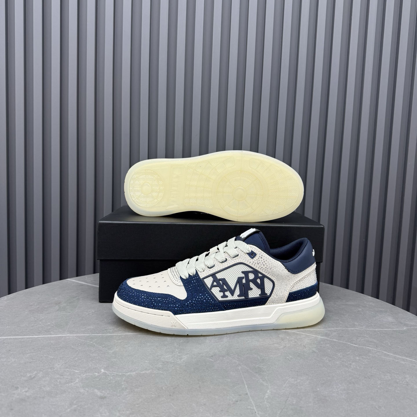 Amiri Beige & Navy Crystal Classic Low Sneakers - DesignerGu