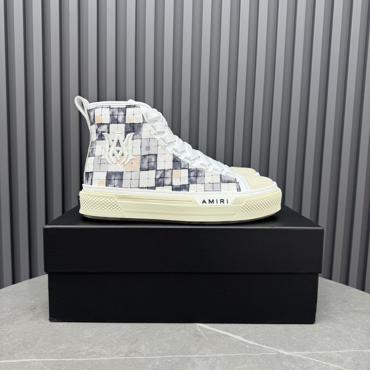 Amiri Gray & White Checkered Court Hi Sneakers - DesignerGu