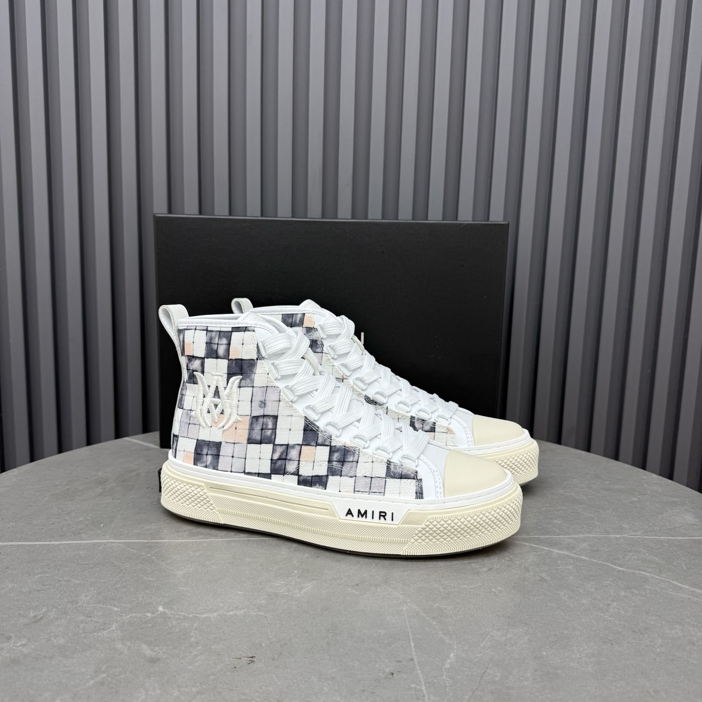 Amiri Gray & White Checkered Court Hi Sneakers - DesignerGu