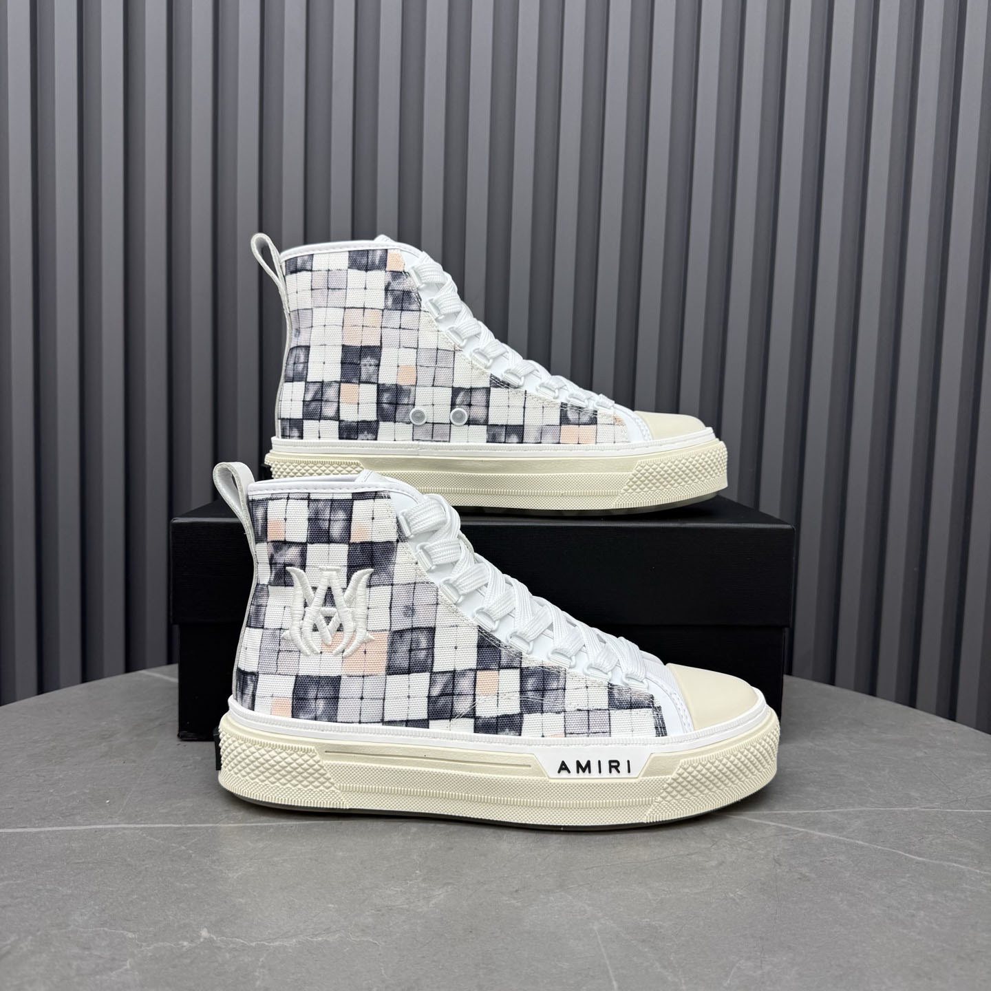 Amiri Gray & White Checkered Court Hi Sneakers - DesignerGu