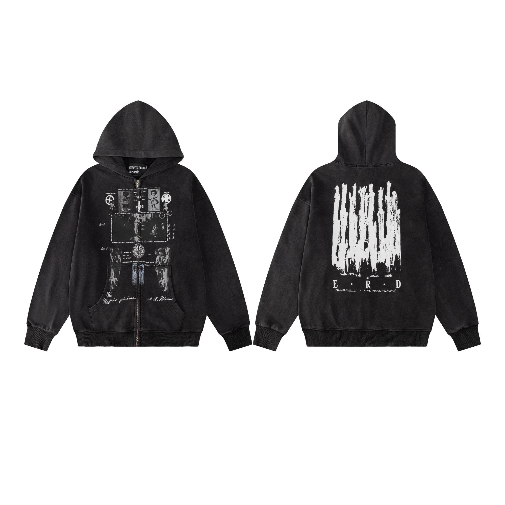 Enfants Riches Déprimés Djagilve's Grave Distressed Printed Cotton-Jersey Zip-Up Hoodie - Black - DesignerGu