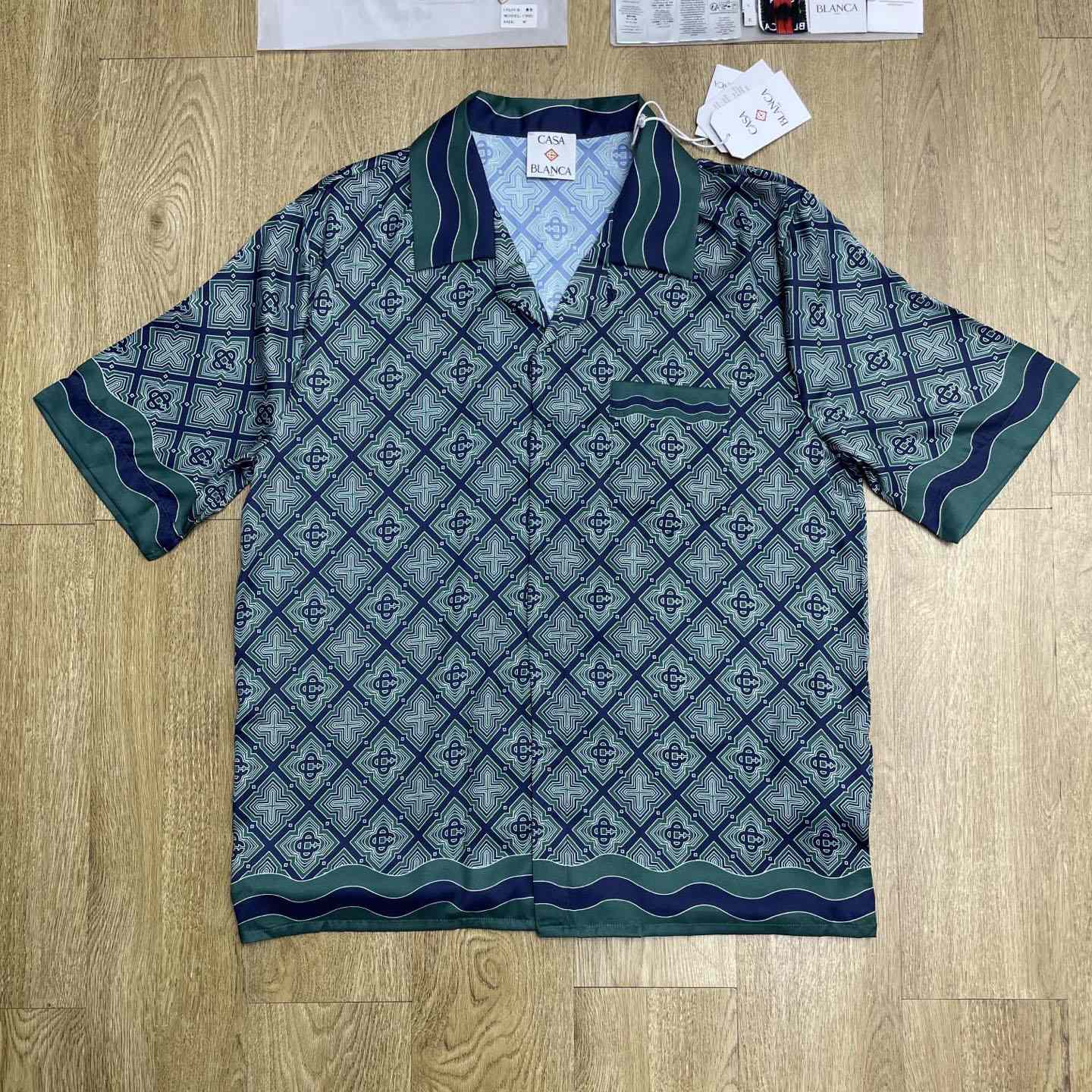 Casablanca Dark Green Radiating Monogram Short Sleeve Silk Shirt CA3605 - DesignerGu