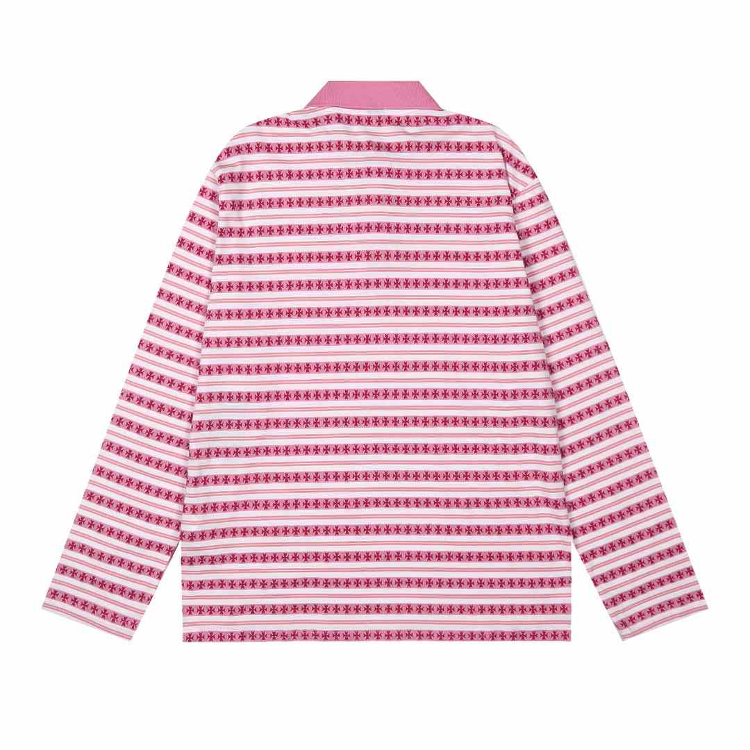 Chrome Hearts Cross Stripe Long Sleeve Polo Shirt Pink - DesignerGu
